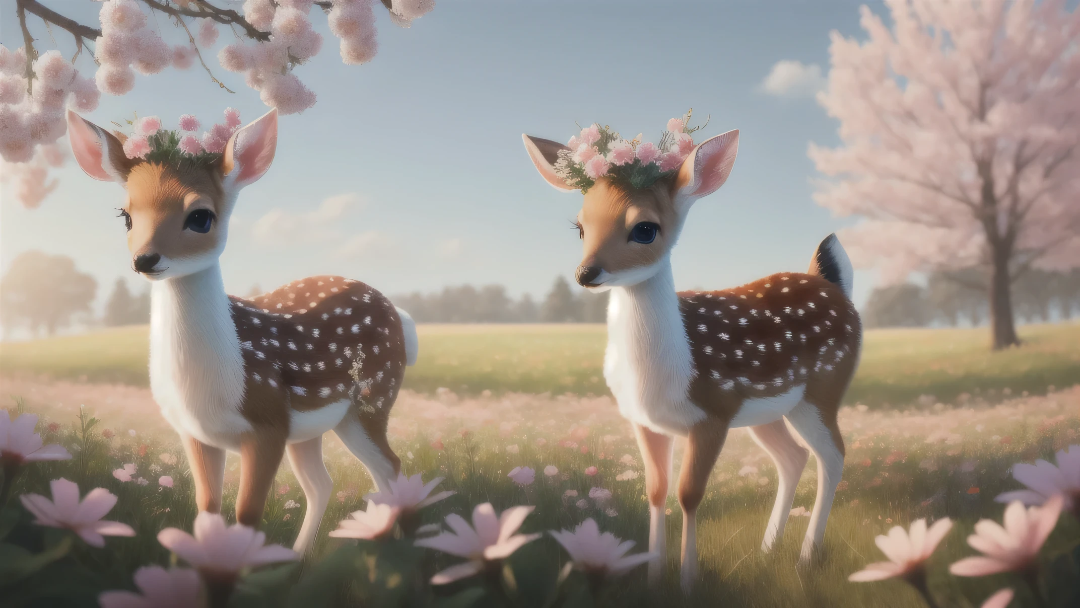 a drawing of a cute little baby deer surrounded by beautiful flowers in a meadow, 8k resolution concept art( intricate details:1.2), beautiful eyes, sunlight, (high quality:1.2), trending on artstation, 8k, absurdres, chibi, extremely detailed fur,(close up:1.1)