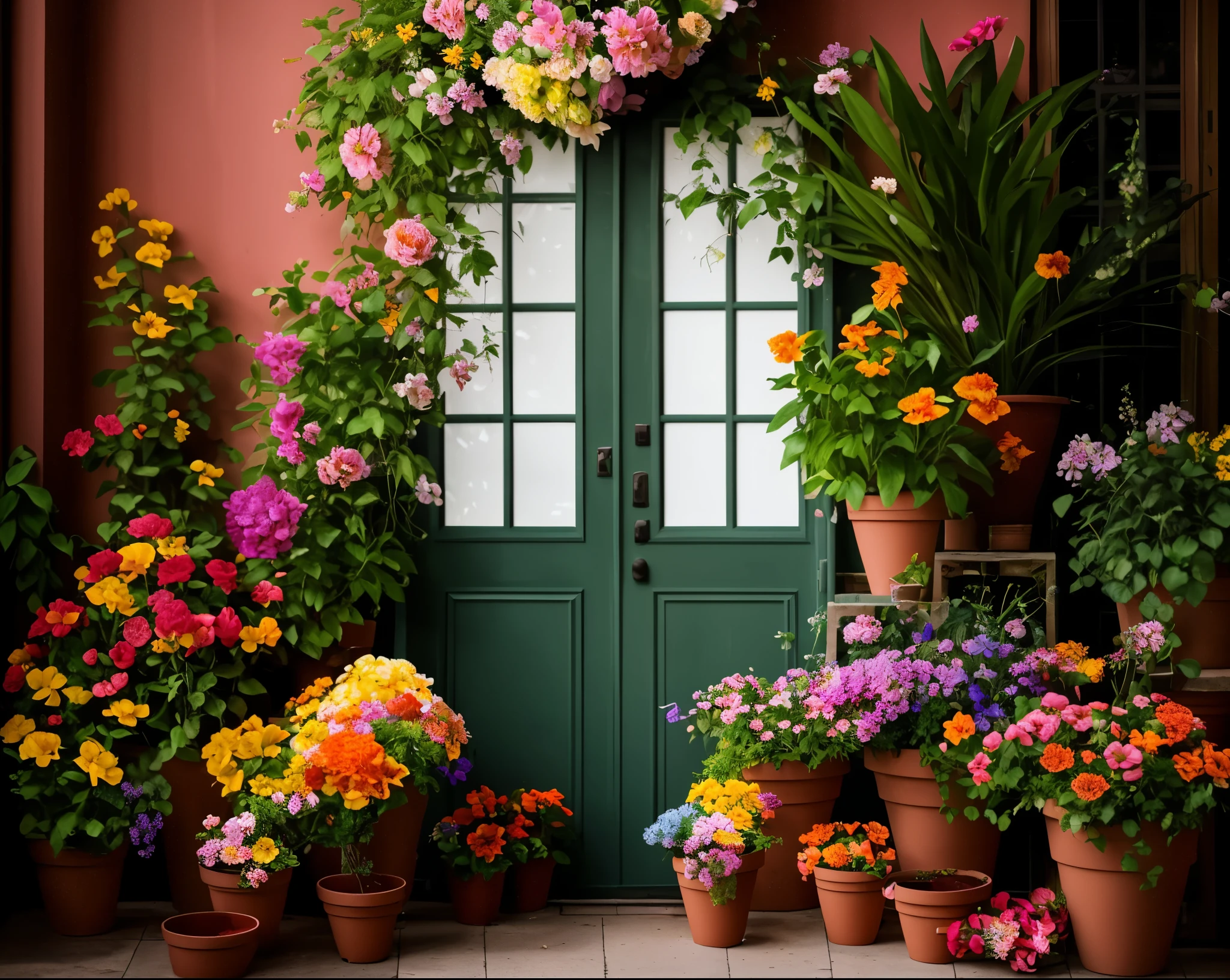 Close-up of a bouquet of flowers in a flower pot near the door, With colorful flowers and plants, Plant rainbow background, Lush flowers outdoors, floral environment, floral decorations, blooming greenhouse, flower explosion, flower shop scene, Cottage core garden, Midsummer Color Theme, Lush plants and flowers, portal made of roses, Flower painting background