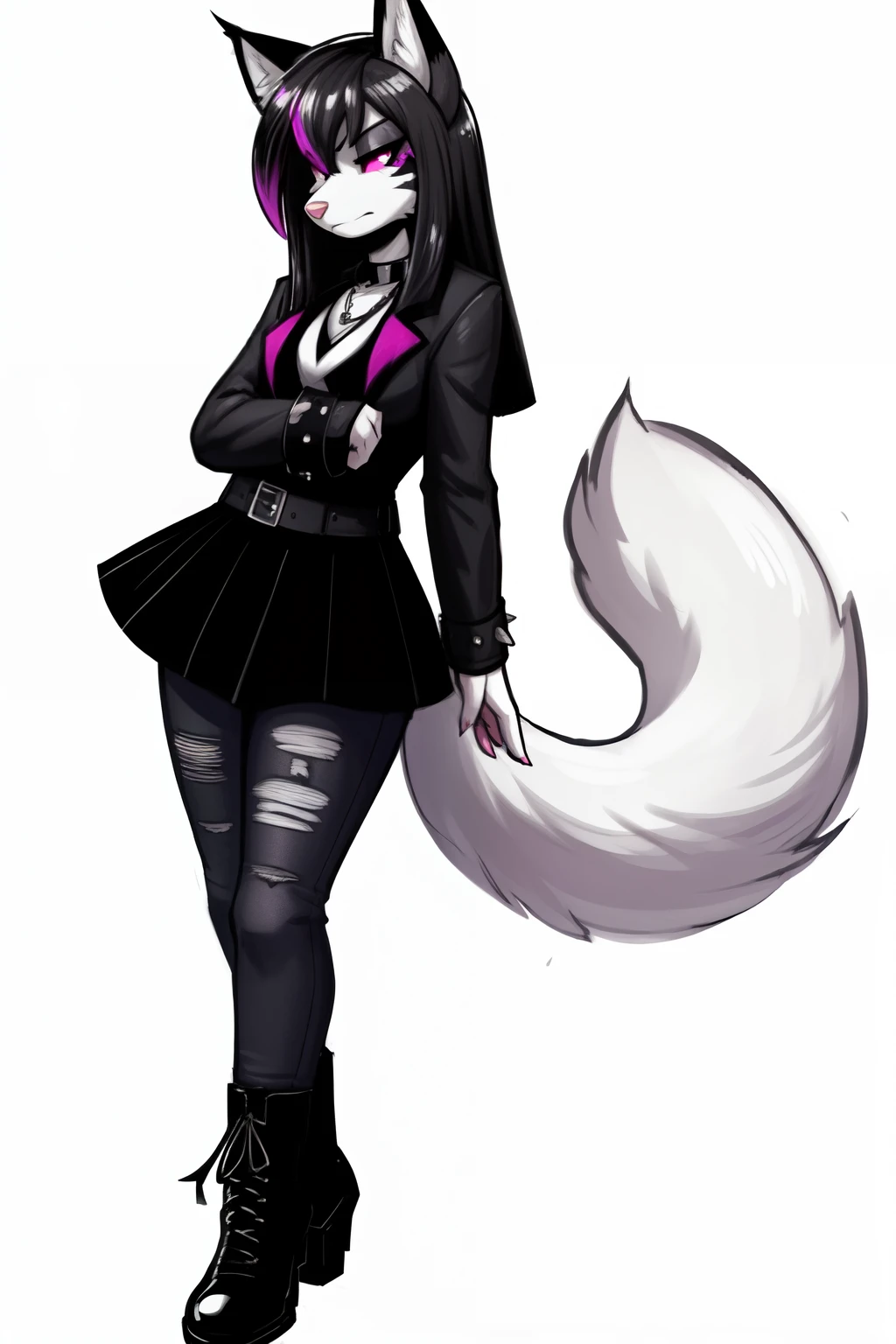 (2d, absurdres, best quality, trending on deviantart, trending on danbooru:1.5), vox machina style, anime style, (by zeekzag, by john joseco), [by birchly, by sssonic2, by inu-sama, by crovirus, by john joseco], by yoh yoshinari, ((no background)), (adult,  goth, solo, anthro, cat, maine coon, white body, white fur, white tail, white ears, white ear tips, tufted fur:1.3),  (half-lidded eyes,  neutral expression, annoyed frown),  ((pink sclera)),  ((white eyes)),  (glowy pupils, slit pupils:1.3),  (goth clothing, boots),  (lavender and black hair,  gradient hair,  medium-length hair, straight hair, straighten hair),  [crossed arms],  (black torn jeans),  fluffy tail,  (pink nose, short snout), 