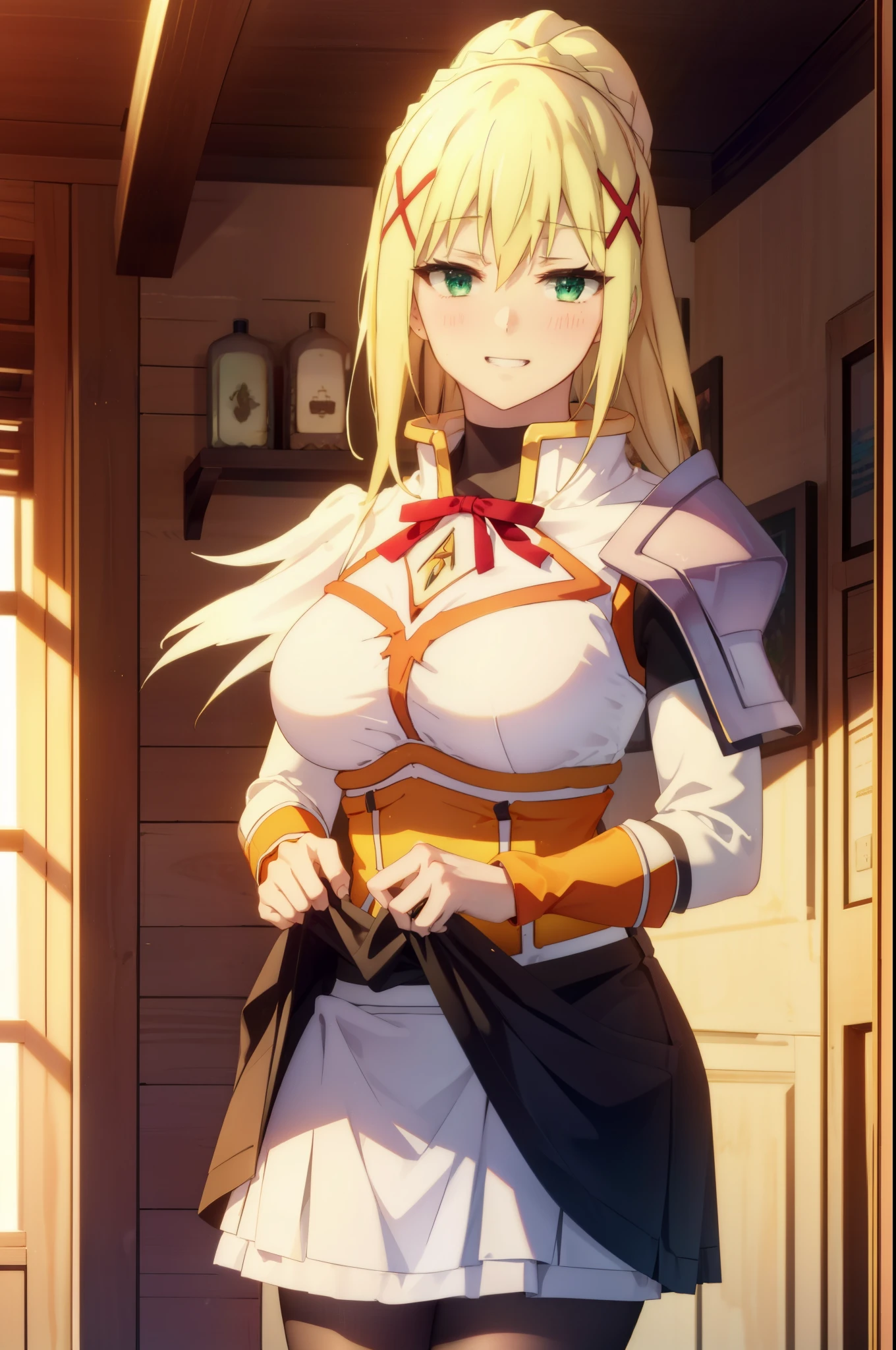 lalatina dustis ford, dustis ford in latin, darkness \(KonoSuba\), long hair, (green eyes:1.3), blonde hair, hair ornaments, blush,open your mouth,grin,ponytail, Braid, x hair ornaments,headdress, dress, apron, ロングskirt,white pantyhose,loafers,happy smile, smile, open your mouth,skirt, skirt lift, 自分で持ち上げる
break indoor, luxury room,
break looking at viewer, (cowboy shot:1.5),
break (masterpiece:1.2), highest quality, High resolution, unity 8k wallpaper, (shape:0.8), (fine and beautiful eyes:1.6), highly detailed face, perfect lighting, Very detailed CG, (perfect hands, perfect anatomy),