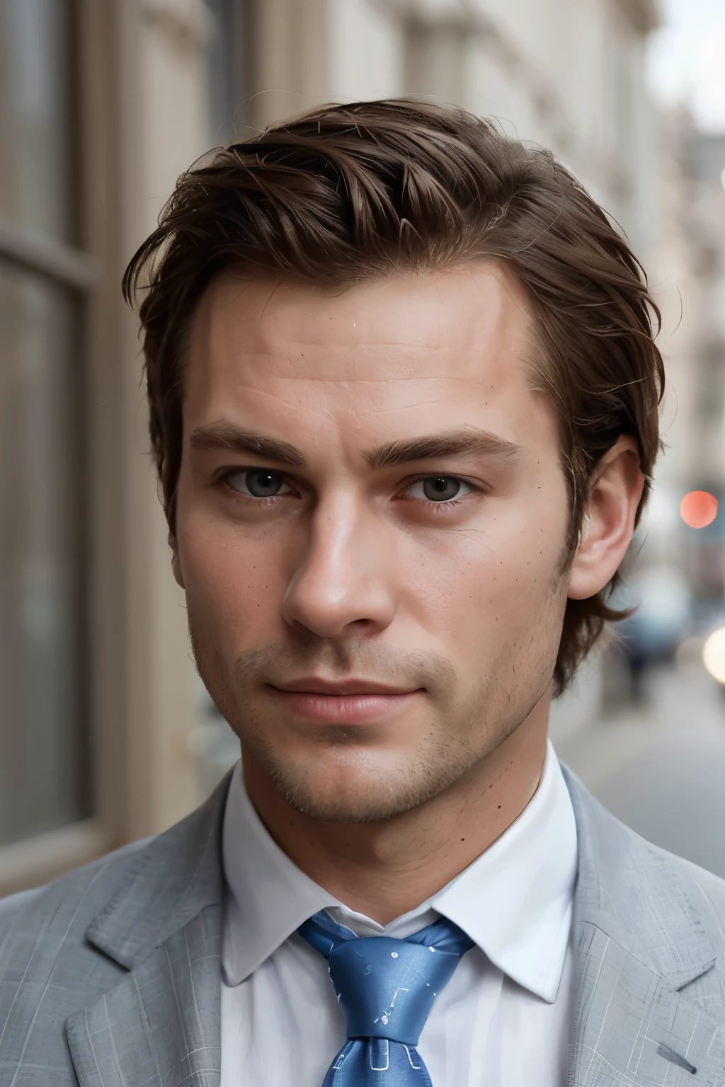 Create a highly detailed close-up portrait of a 35-year-old Caucasian male model, boasting a cleanly shaved face and sharply defined features reminiscent of a young Jude Law. His handsome countenance radiates charm and allure. The model's chestnut hair, voluminous and fashionably tousled, frames his face, adding a touch of masculinity. Dressed in a light blue casual suit and a crisp white shirt without a necktie, he exudes an air of sophistication and confidence.
The image captures every intricate detail of his skin texture, resulting in an extremely realistic and lifelike representation. Photographically precise, the image