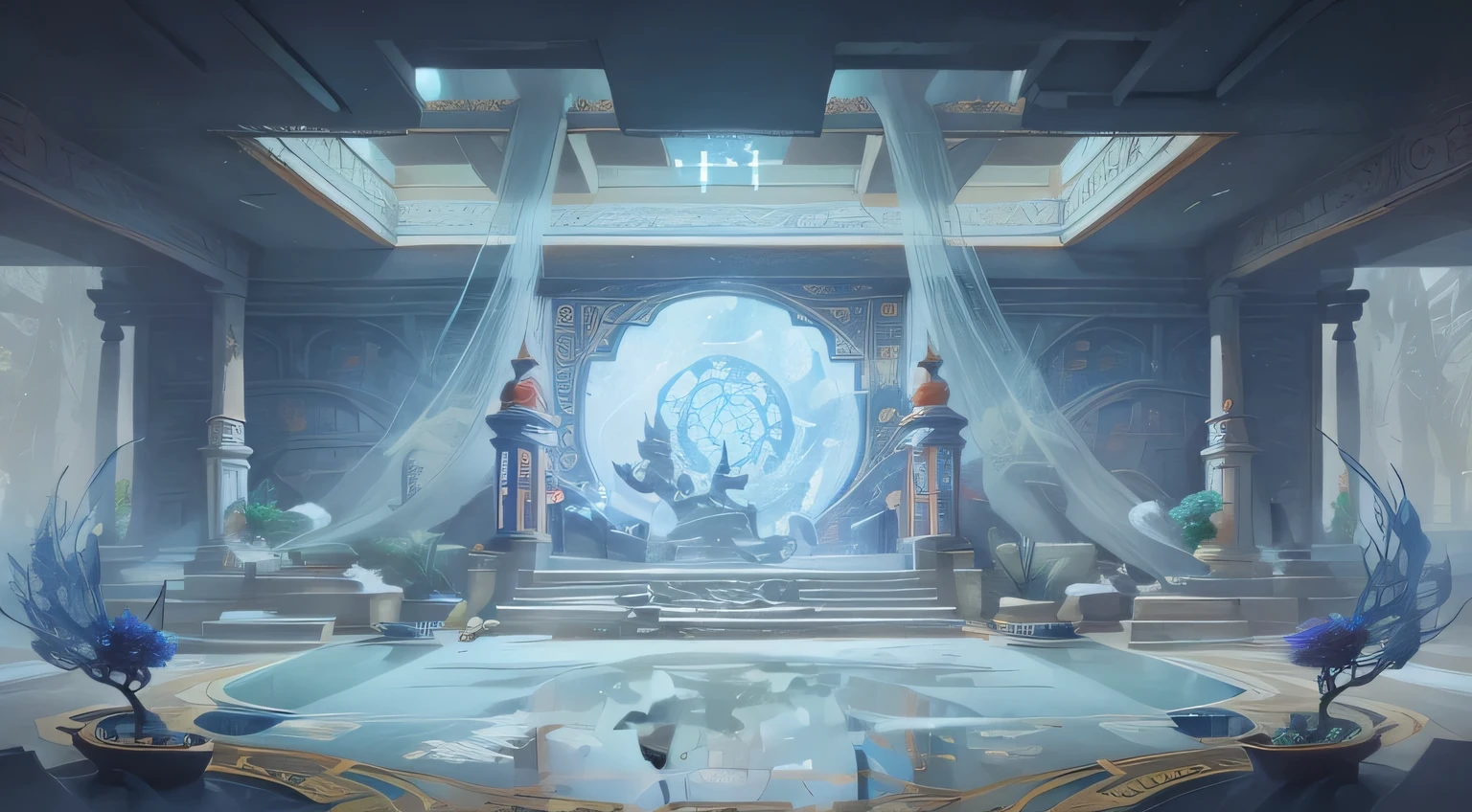 Ancient Chinese fairy scene，There is a big room，There are statues and steps inside，Spacious lobby,Interior of ancient Chinese buildings，hall， library of ruina concept art, blue room, professional concept art, symmetry!! concept art, Infinite Astronomy Library, symmetric concept art, hyperdetailed concept art, Stunning mysterious background, concept art magical highlight, Mythical Universe Temple, 8k high definition wallpaper jpeg artifact,symmetry场景