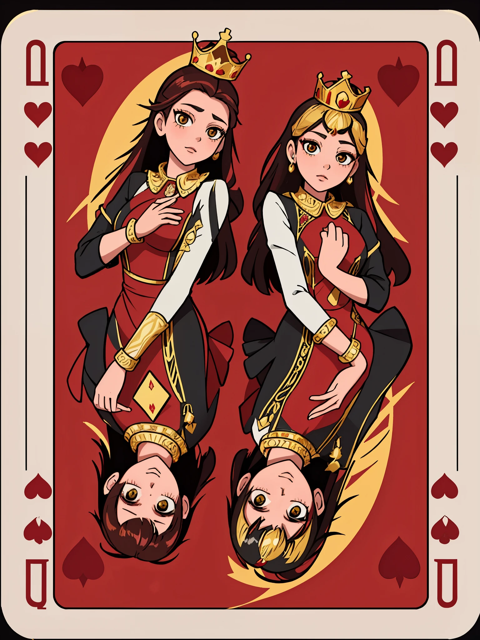 best quality,highres,(symmetrical design card:1.1),(detailed Queen of Hearts:1.1),vivid colors,professional,portrait lighting,masterpiece:1.2,beautiful detailed eyes,beautiful detailed lips,extremely detailed face,card is made of shiny gold material,symmetrical floral patterns,exquisite crown on her head,detailed lace collar,elaborate diamond necklace,richly embroidered dress with golden hearts,red and black color scheme,sharp focus,ultra-fine painting