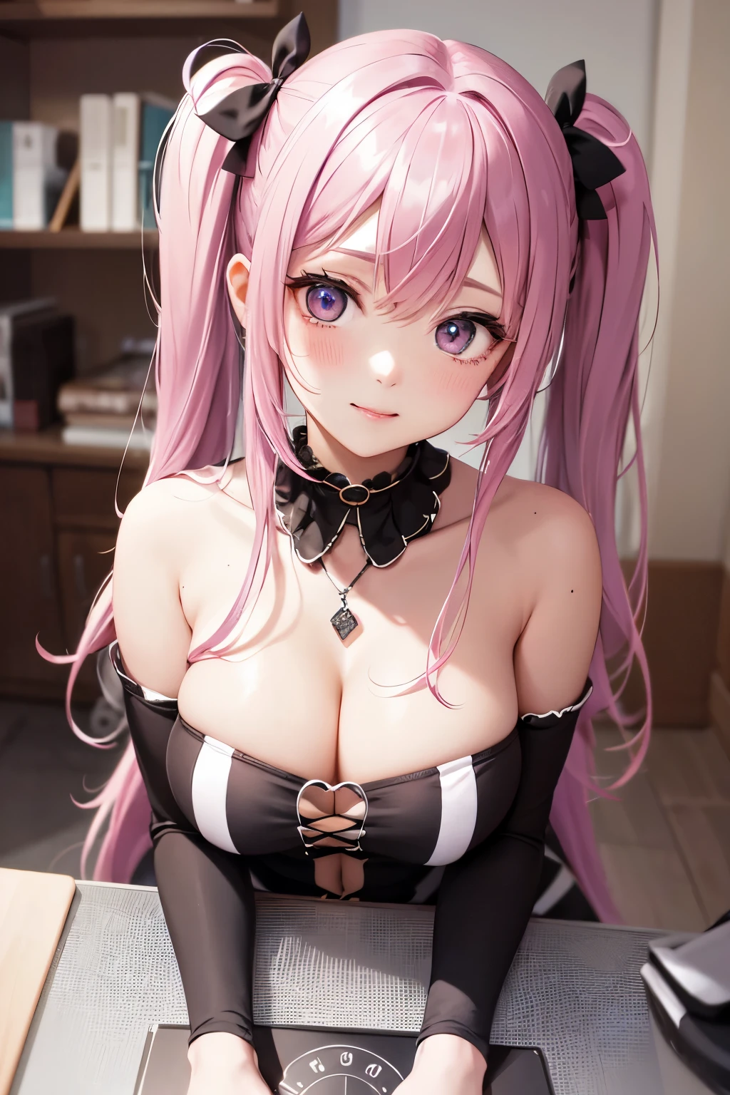striped hair,pink twintail hair, Hello, mole under eye, mole under mouth, heart shaped eyes, long eyelashes, pink eyes, heart shaped choker、Full body Esbian、look at the audience、shy, blush, teeth, ear blush, nose blush,anime style, color field paint, ray tracing, bloom, one person'point of view, nffsw, award-winning, 16k, 最high quality, advanced details, high quality, table top, High resolution, Accurate, Super detailed