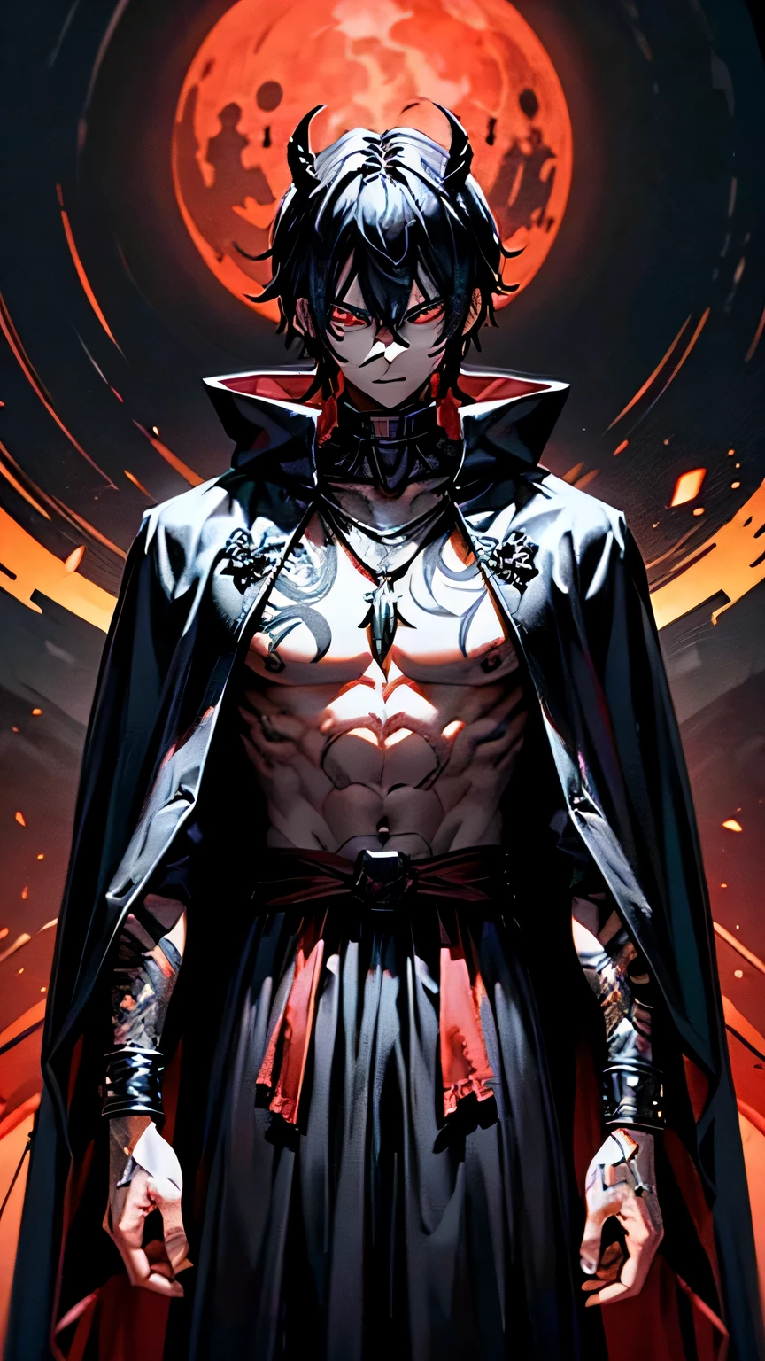 A powerful demon king. He has a small stature, is 1500 years old but looks like he's 17. He stands about 165 cm tall and weighs 57 kg. His eyes are glowing red, his hair is black and disheveled. He wears an oversized black robe, with a demon tattoo on his chest and a metal necklace around his neck. His face is handsome like a knight. In a barren field, he stands emitting a very evil and dark demon aura, against a backdrop of dark red skies. He is holding the severed head of a human. He wear a big old cloak.