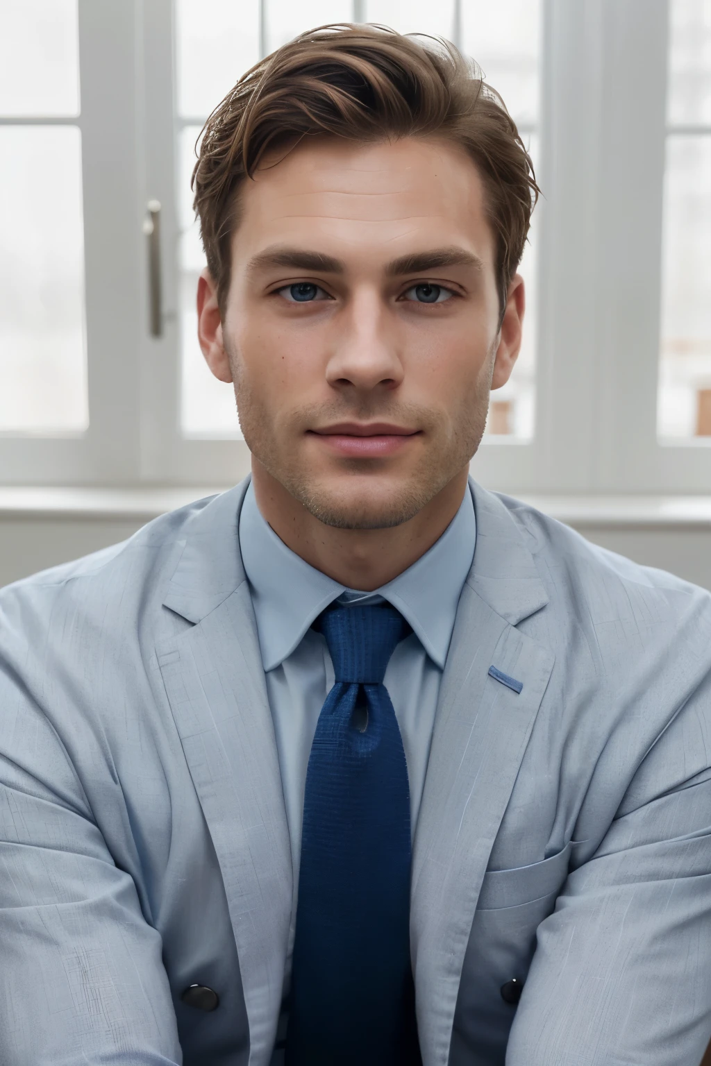 Create a highly detailed close-up portrait of a 35-year-old Caucasian male model, boasting a cleanly shaved face and sharply defined features reminiscent of a young Jude Law. His handsome countenance radiates charm and allure. The model's chestnut hair, voluminous and fashionably tousled, frames his face, adding a touch of masculinity. Dressed in a light blue casual suit and a crisp white shirt without a necktie, he exudes an air of sophistication and confidence.
The image captures every intricate detail of his skin texture, resulting in an extremely realistic and lifelike representation. Photographically precise, the image