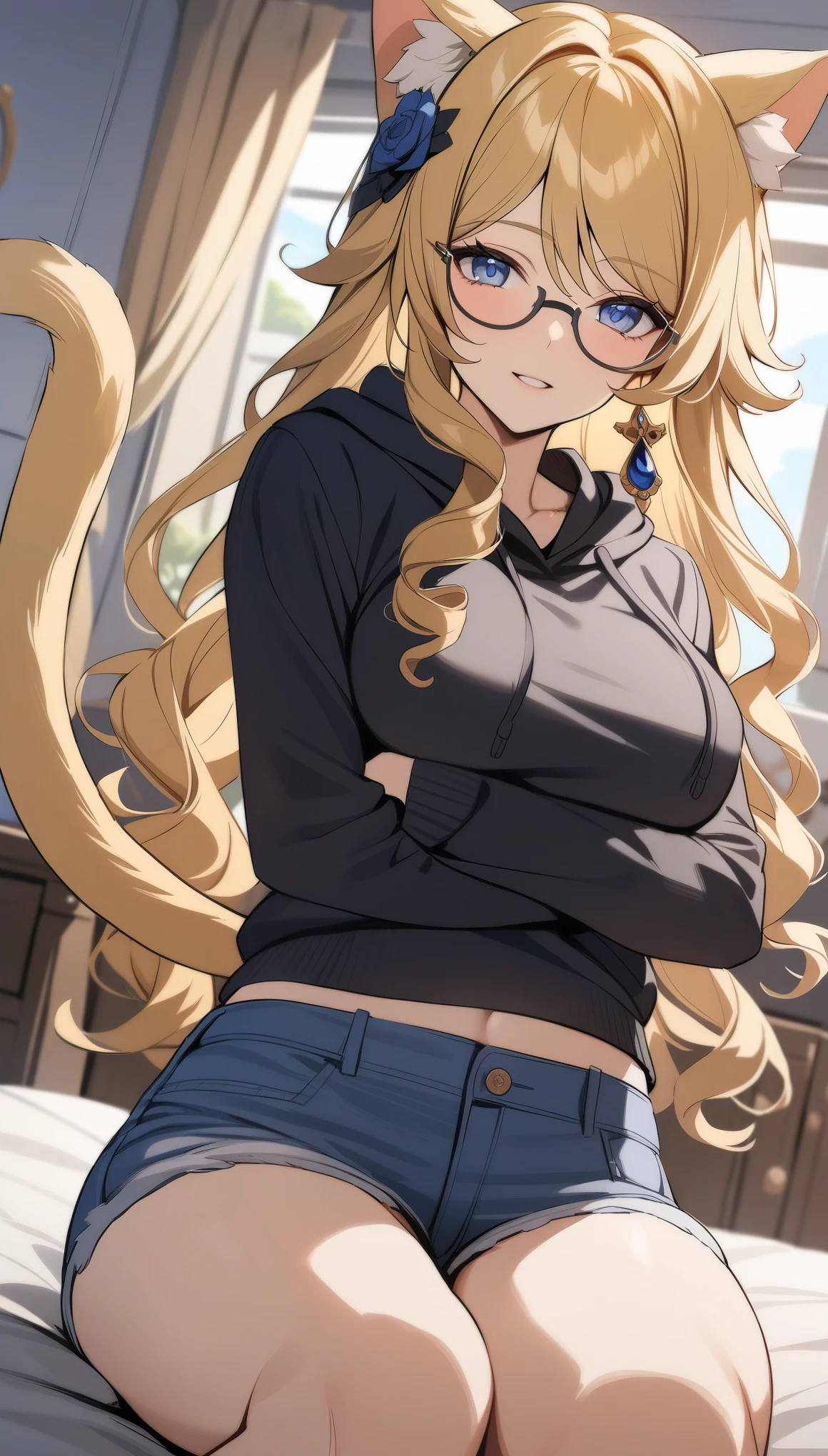 masterpiece, highest quality, Super detailed, modern、1 girl, whole body、Erotic, hentai, cum, partially undressed, tall, slender、big breasts、blonde, long ponytail, bright blue eyes、seductive lips、sexy、smile、home tutor、(sweater:1.3)、big ass、smile、bright look、round glasses、(cowgirl sex:1.5)、open your legs、pussy、Beauty、older sister