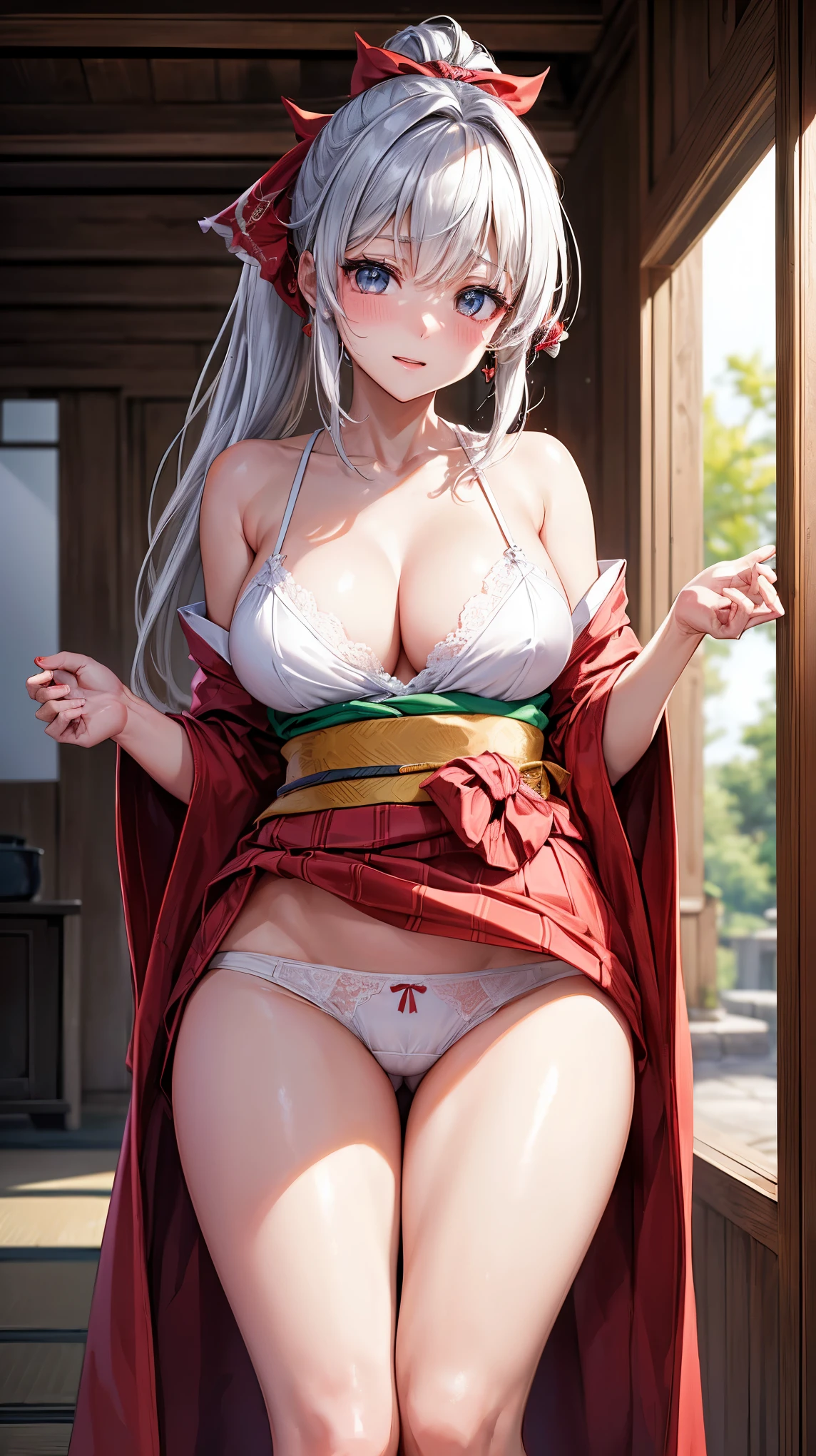 ((highest quality、High resolution、8K、masterpiece:1.3))、dynamic angle、wallpaper、1 girl、unparalleled beauty、ultimate beauty、super detailed face、delicate eyes、smile、sexy look、Depth of the bounds written、light particles、side light、((silver hair、ponytail、shrine maiden、shrine maiden装束、red and white kimono))、(lifting the skirt with both hands)、((expression of ecstasy、Looks embarrassed、inviting sex、sexually seducing、the skirt is turned up、She lifts up her skirt and shows her white panties.))、perfect body、beautiful breasts、tits、thighs、slim、slender