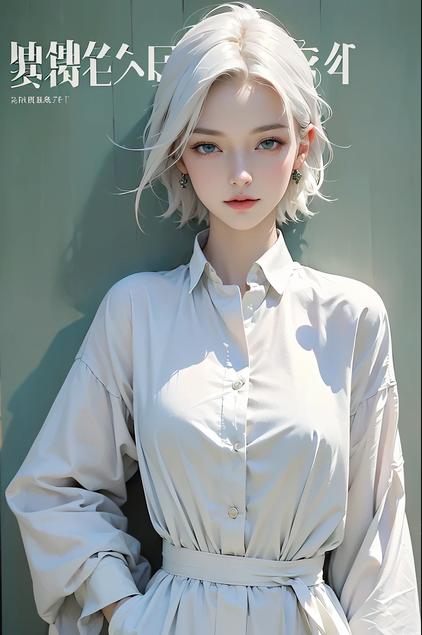 ((masterpiece:1.4, best quality:1.2)), tomboy, 1 girl, focus only, tall girl, short hair, white hair, colorful hair, green eyes, jewel eyes, medium breasts, black coat, White shirt, Accessories, magazine cover, Lively,
