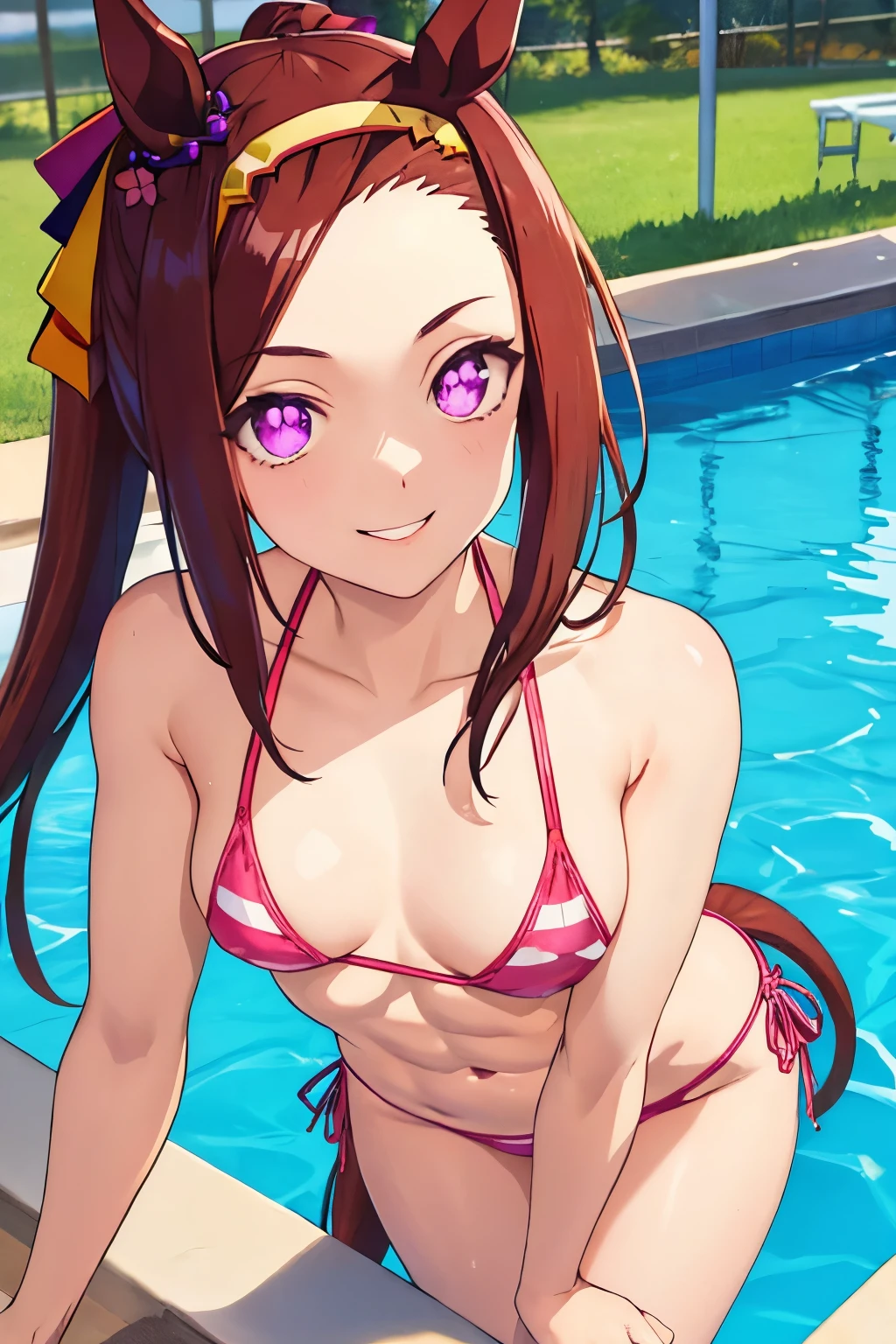 sakura bakushin o \(umamusume\), ((super detailed face)), slender girl, whole body,butt,masterpiece, highest quality, abs, Plain Bikini, horse tail, pool, light smile, fine and clear eyes, frontage,((nsfw))