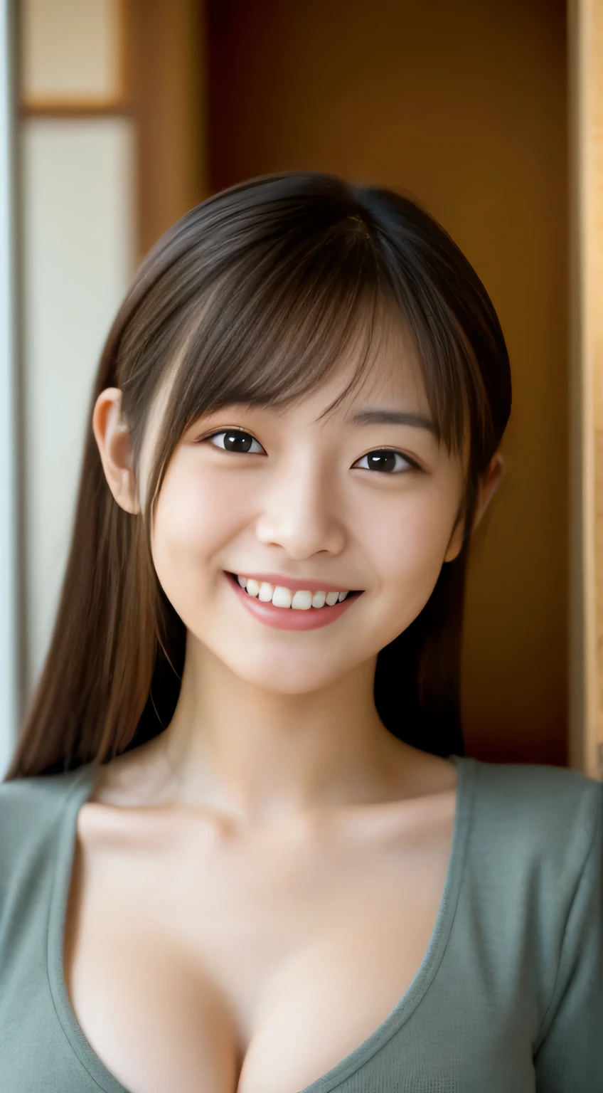 Japanese ),((beautiful girl)),cleavage,An expression that imagines something pleasant:1.2,(perfect body beauty:1.2),((perfect body)),(shy smile),beautiful teeth,