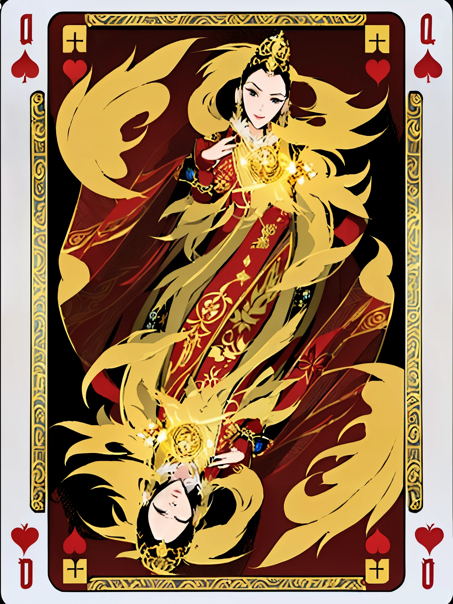 (best quality,4k,8k,highres,masterpiece:1.2),ultra-detailed,(realistic,photorealistic,photo-realistic:1.37),symmetrical design card,Queen of Hearts,illustration,Golden embossing,detailed patterns,rich colors,shining gemstones,elegant calligraphy,playing card texture,silver filigree,royal motifs,Intricate borders,delicate lace,regal crown,golden regalia,ornate embroidery,crimson robe,dark background,majestic presence,dramatic lighting,fancy swirls,vibrant and eye-catching,gorgeous ensemble,powerful expression,luxurious atmosphere,enchanted deck of cards,majestic throne room,exquisite beauty