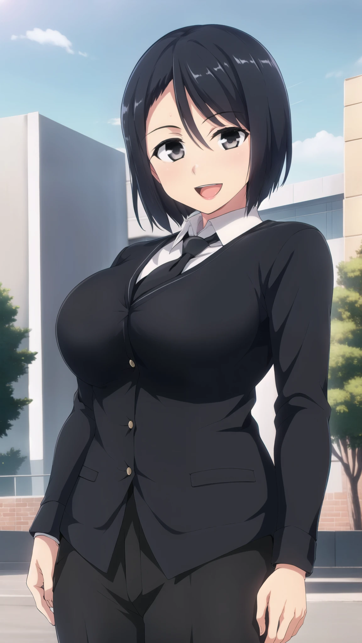 SLIM, 1girl, standing, black hair, short hair, bangs, MAKIMA, white shirt, necktie, stare, :d, , black eyes, black necktie, long sleeves, cowboy shot, large breasts, outdoors, black pant, (MAaster piece: 1.0), (best_quality: 1.0), ultra high resolution, 4K, ultra detailed, photography, 8K, HDR,
