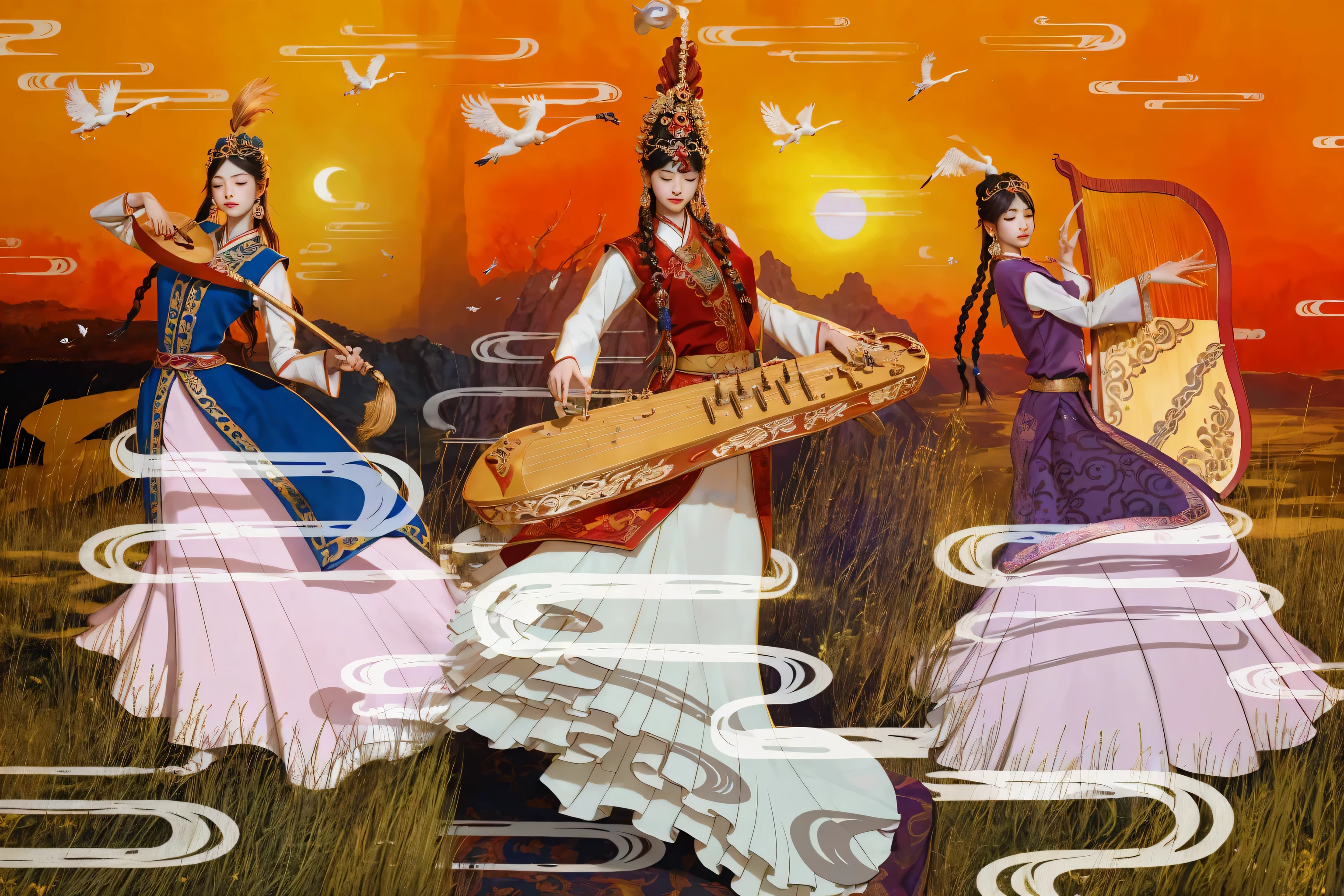 Scene of three people in costumes playing musical instruments, Inspired by Luji, inspired by Yang Buzhi, Z style art, Illustrations inspired by Persian folklore, Inspired by Song Maojin, Inspired by Ji Yunfei, Persian folk storytelling art style, A beautiful artistic illustration, Has the style of ancient Chinese art. (best quality, 4k, 8k, high resolution, masterpiece:1.2), super detailed, (actual, photoactual, photo-actual:1.37), high dynamic range, ultra high definition, studio lighting, Ultra-fine painting, sharp focus, Physically based rendering, extremely detailed description, professional, bright colors, Bokeh, portrait, landscape, Fear, japanese manga, Science fiction, photography, concept artist, Vibrant shades, Picturesque lights.person with eyes closed。