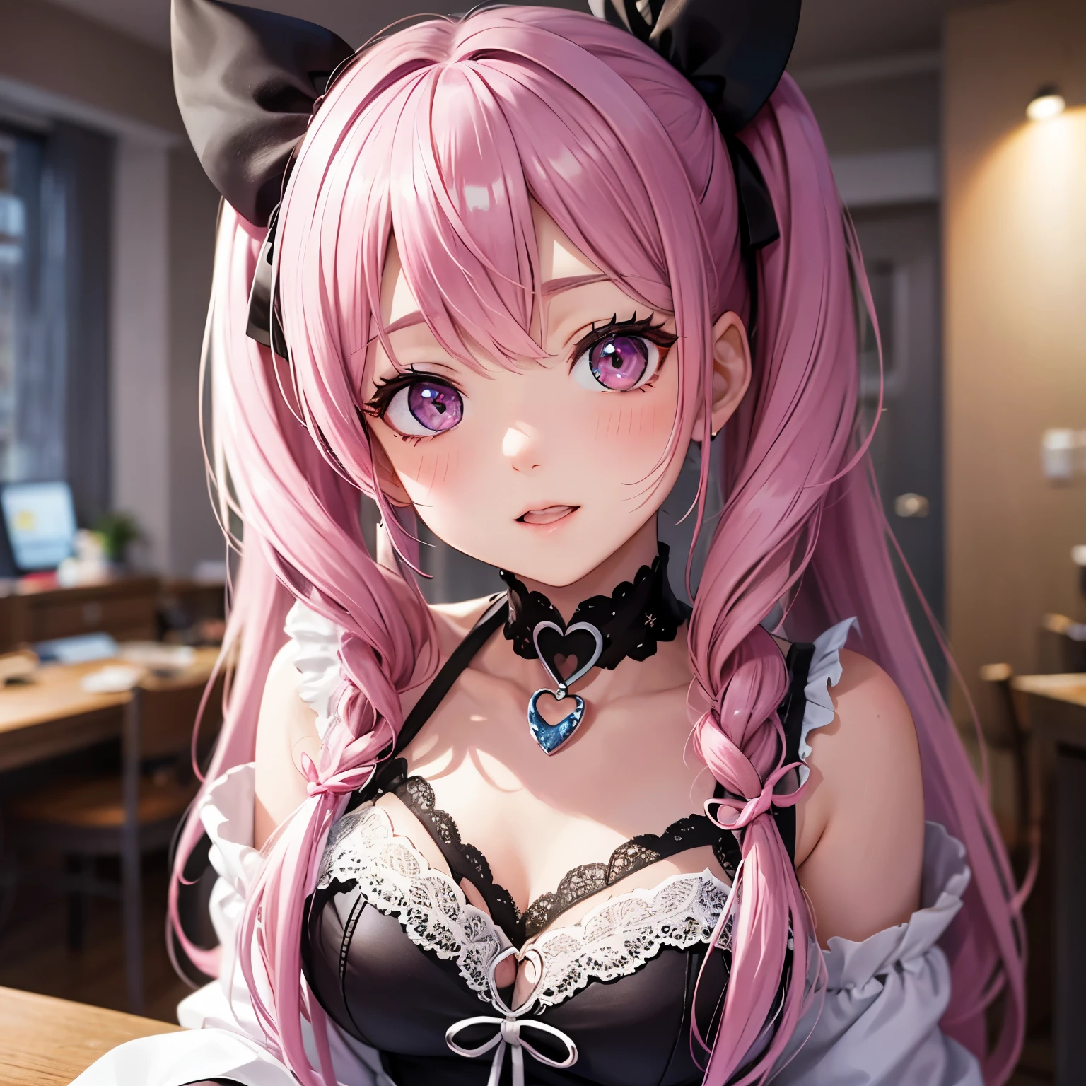 striped hair,pink twintail hair, Hello,  mole under eye, mole under mouth, heart shaped eyes, long eyelashes, pink eyes, heart shaped choker、Full body Esbian、look at the audience、shy, blush, teeth, ear blush, nose blush,anime style, color field paint, ray tracing, bloom, one person&#39;perspective, nffsw, award-winning, 16k, 最high quality, advanced details, high quality, table top, High resolution, Accurate, Super detailed