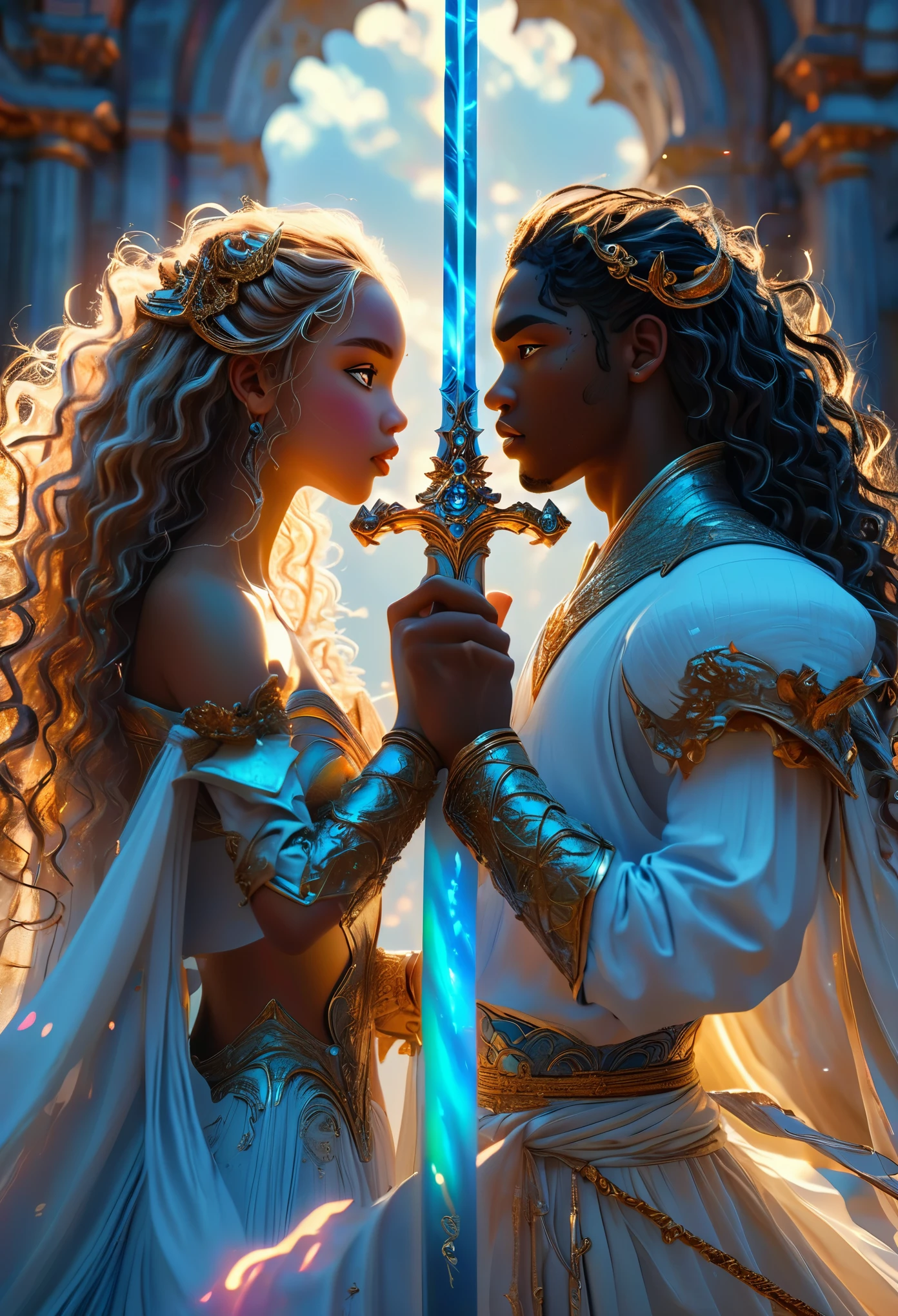 Passionate duo in a celestial landscape, young dark-skinned duo in their 20s, in the chaos, they threaten each other with a sword, he is a prince of the celestial demons with long curly caramel hair, she is a mixed-race princess, she has freckles, she is blonde with grey eyes, Full body, 8K, extremely detailed, high quality, (photorealistic:1.37), Full body, ideal proportions and defined complexion, meticulously crafted features, unreachable beauty, perfection, breathtaking elegance, g curves, goddess-like figures, divine symmetry, artistic masterpieces, vivid realism, hyper-detailed sculptures, life-like forms, truly awe-inspiring, impeccable craftsmanship, pure radiance, ethereal beauty, delicate contours, striking poses, sublime beauty, subtle nuances, dynamic compositions, vibrant colors, perfect lighting, soulful expressions, celestial aura, majestic presence, dreamlike atmosphere, unmatched gdetailed octane render trending on artstation, 8 k artistic photography, photorealistic concept art, soft natural volumetric cinematic perfect light, chiaroscuro, award - winning photograph, masterpiece, perfect composition, beautiful detailed intricate insanely
