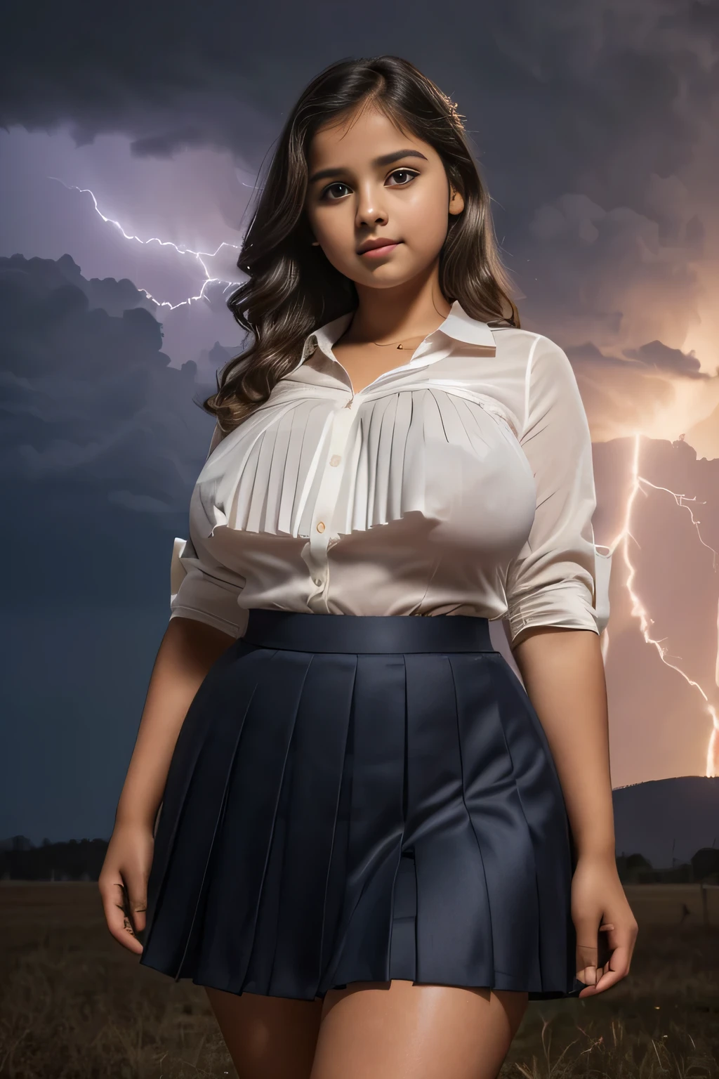((One desi 10 year old girl, school dress , ((( biggest round breasts))) , semi curvy, small waist,((gigantic huge bosom, curvy, plump, cute blouse,pleated skirt, )), (Laia Manzanares) (Tween model, , young)), Ethereal beautiful, slim, , Burnett hair, hezel eyes, small waist, , Soft light, full body picture, masterpiece, ( lightening, stormy, big tornado, glowing, smok ), Best Quality, Photorealsitic, 8K, High resolution, Detailed skin, 8K UHD, Digital SLR, Soft lighting, High quality, Film grain, FUJI XT3,(((sfw))).
