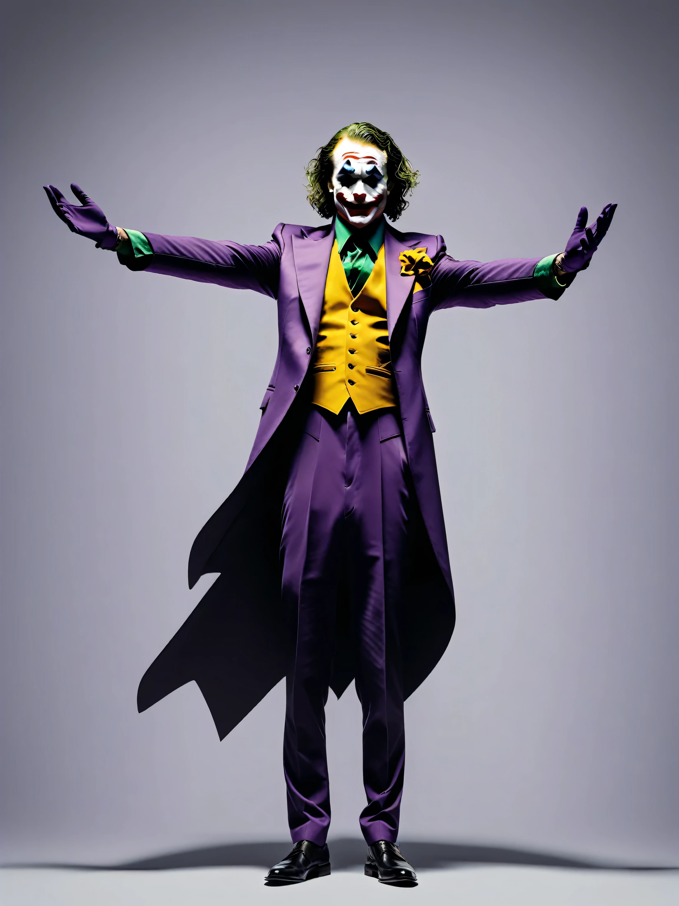 Minimalist photo of a Joker in a purple suit and open arms