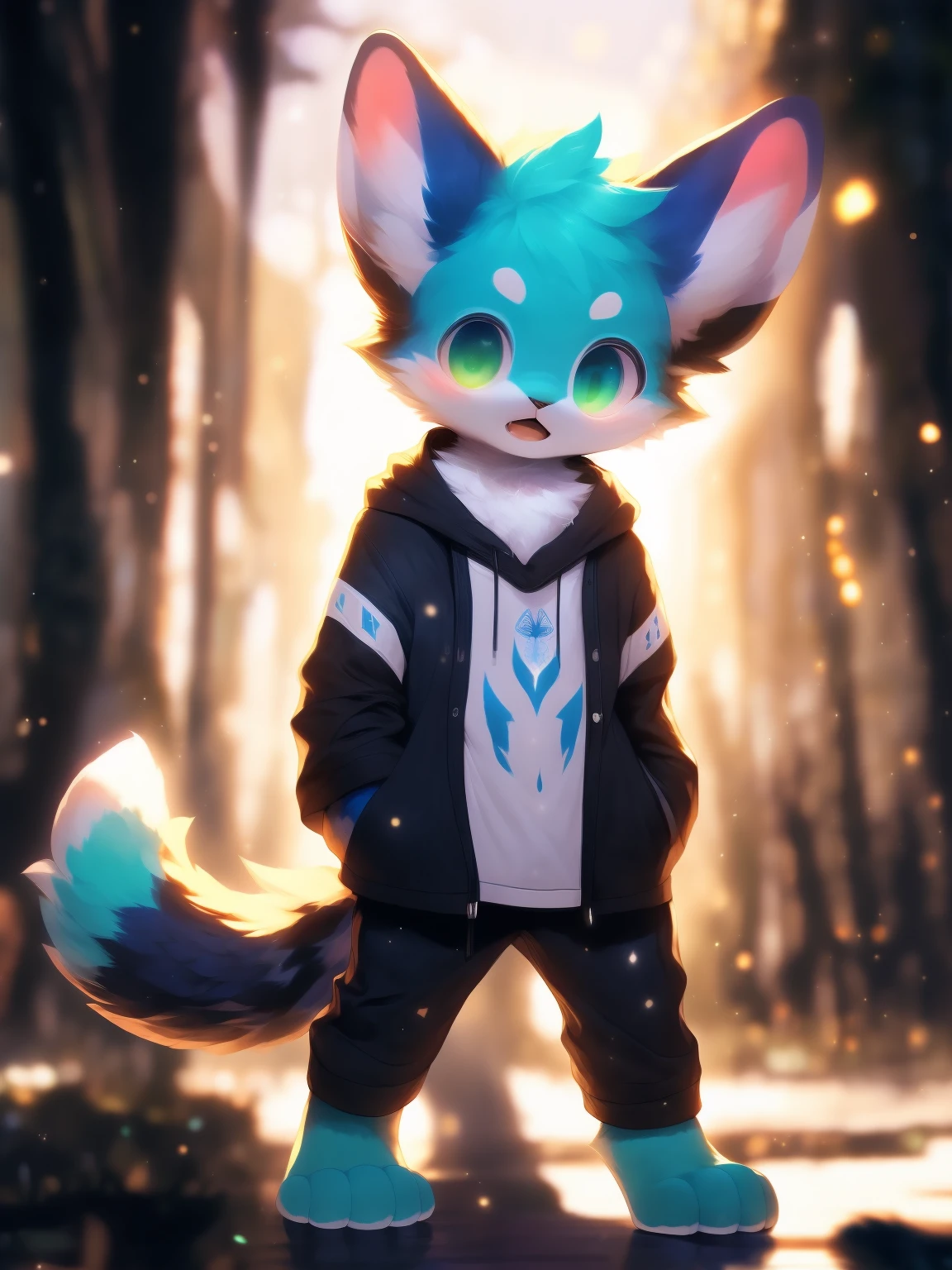 (best quality, highres, ultra-detailed), (realistic:1.37), vivid colors, (cyan-themed:1.1) simple background, fairy cat, standing on two, blue and white fur, long fluffy tail, open mouth, full body, single character,
