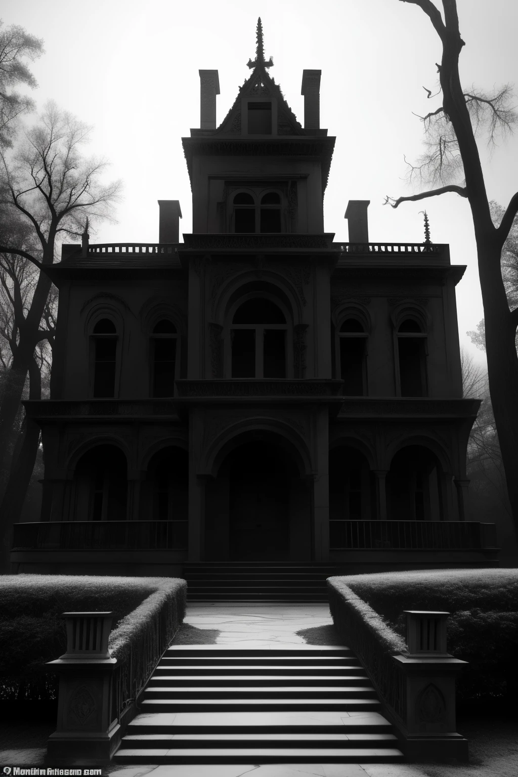 In the heart of a desolate and abandoned town, there lies a hauntingly beautiful mansion, shrouded in an eerie fog. This once grandiose manor now stands as a chilling reminder of the past, with its tall, creaky towers and peeling, gray walls. The scarecrow-like silhouettes of broken windows frame the dark, ominous forest that surrounds it.
The entrance to the mansion is a labyrinth of twisted vines and cobwebs, leading to a grand doorway adorned with ornate carvings of ghoulish faces. The mansion's interior exudes an unsettling allure, with dimly