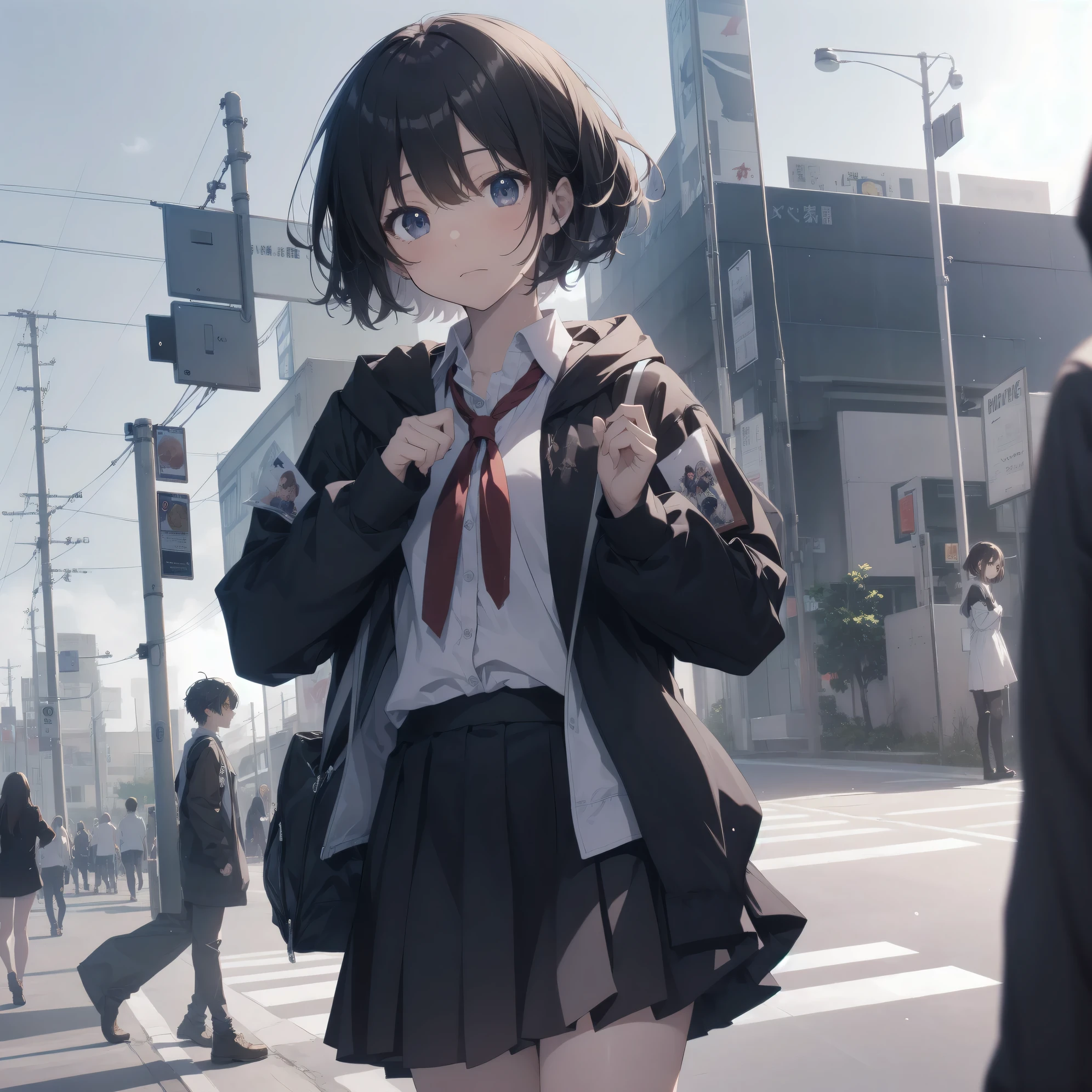 Super absurd quality by the god of art, super detailed, High resolution, anime moe art style, Best Anime 8K Kona-chan Wallpaper, pixiv contest winner, perfect anatomy, break, (眠そうにalone学校へ行く女の子を描いてください. )break,1 girl, (alone,little woman, cute face, :1.3),All limbs, full finger,, The charm of an immature body, (very_short hair), shortcut, Bang, flat chest, small ass, between legs, small black eyes, detailed and beautiful eyes, Well-proportioned iris and pupils, expressive eyes, High resolutionの詳細な髪, neck ribbon, shirt, collared shirt, skirt, pleated skirt, school uniform, (detailed lighting), (detailed background), On the way to school. break,super dense skin, Best cinematic lighting powered by famous artist, 8k,Beauty Illustration,photoshop_(Moderate),Absurd Hi-Res,Hmm,rough skin,break,((artist:Fujiyama)), artist:Fujichoko,artist:Yamamoto_Soichiro,artist:hanekoto