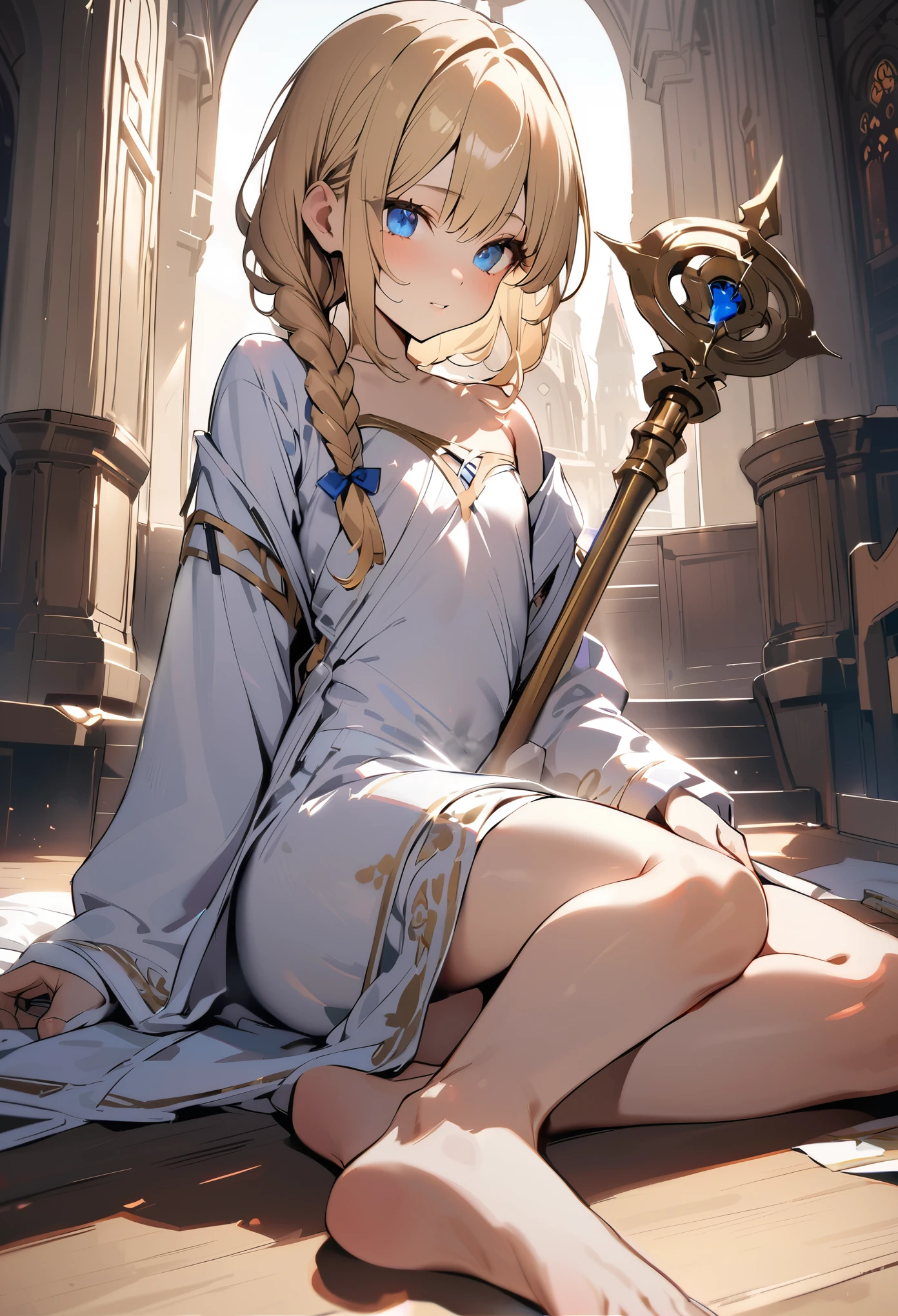 1boy, trap, blonde hair, long single back-length braid, blue eyes, flat chest, somewhat short person, white robes, bare legs, extremely girly boy, clutching golden staff, church background, textured skin, UHD, UHD, UHD, UHD, award winning, high details, incredible high-key lighting and shadows, masterpiece, incredible illustration