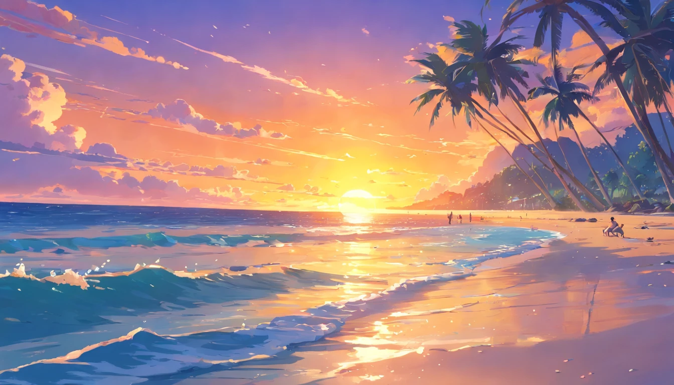 sunset on the beach，Palm trees and waves, Digital Painting Inspired by RHADS, blinds, art, sunset illustration, abstract tropical landscape, Beautiful art ultra hd 4k, colorful sunset, beach sunset background, Stunning art style, 4k high definition wallpaper illustration, digital illustration style, Colorful digital painting, Vibrant digital painting, The art of math