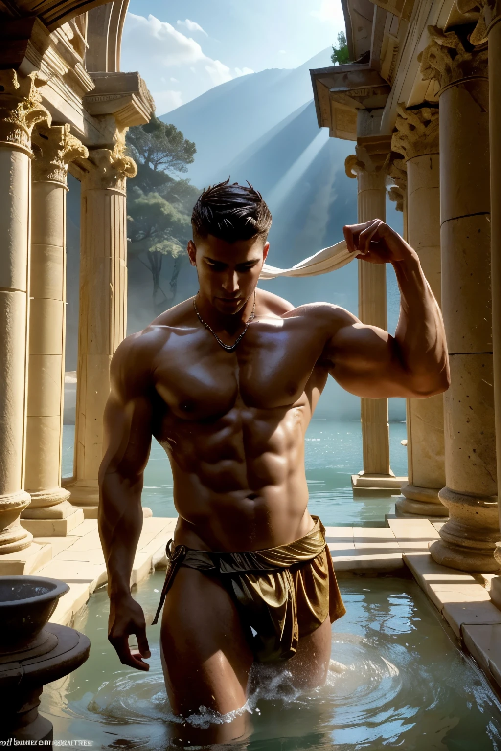 Cinematic style, this is a Roman man, fully immersed in the serene ambiance of a Roman bath, his toned physique on display. Eyes closed in bliss, mouth slightly parted, savoring the warmth and tranquility. The backdrop is the enigmatic cave of a Roman temple, engulfed in a mystical fog. Sunbeams pierce through the foggy atmosphere, casting a golden glow on the man's muscular form and the ancient temple ruins. The Roman man, the bath, the Roman temple, the wreck, all bask in the ethereal sunlight that filters in from the sunlight. The fog envelops the scene, adding an air