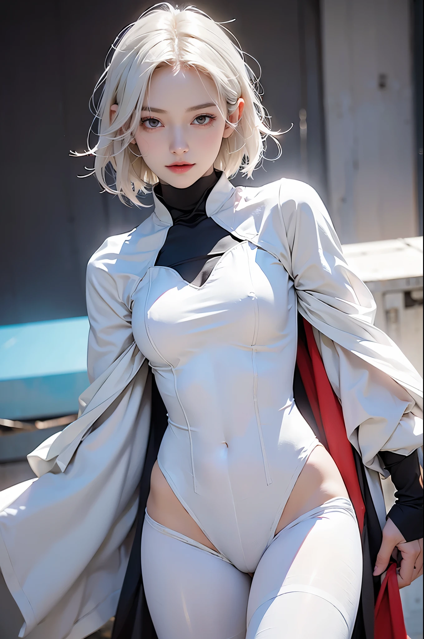((masterpiece:1.4, best quality:1.2)), 1 Girls with Bob Short Hair, white hair, red eyes, glowing eyes, Wearing white tights armor, pale skin, Mechanical Parts, Science fiction, Cowboy shooting, gradient background,