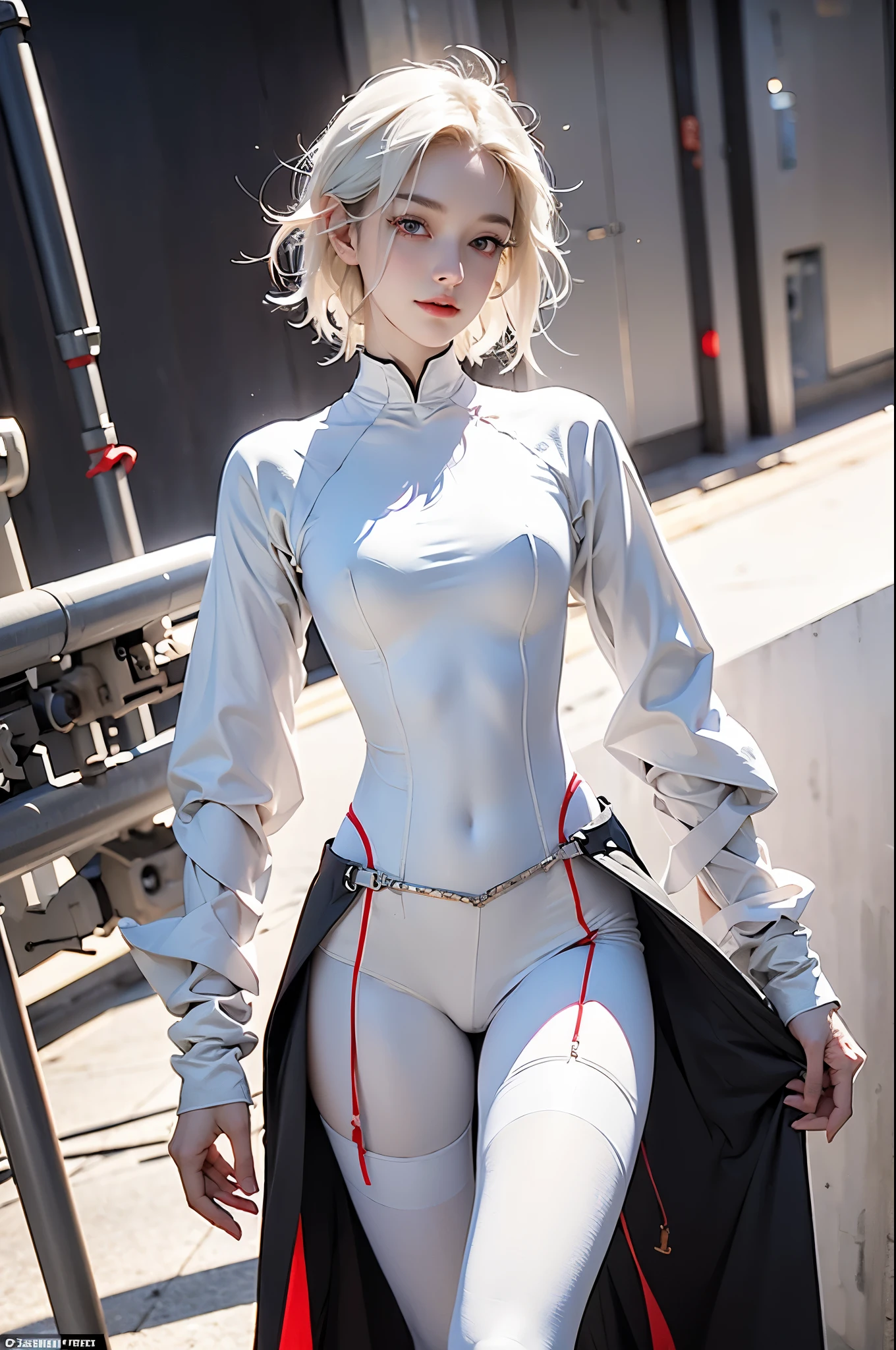 ((masterpiece:1.4, best quality:1.2)), 1 Girls with Bob Short Hair, white hair, red eyes, glowing eyes, Wearing white tights armor, pale skin, Mechanical Parts, Science fiction, Cowboy shooting, gradient background,