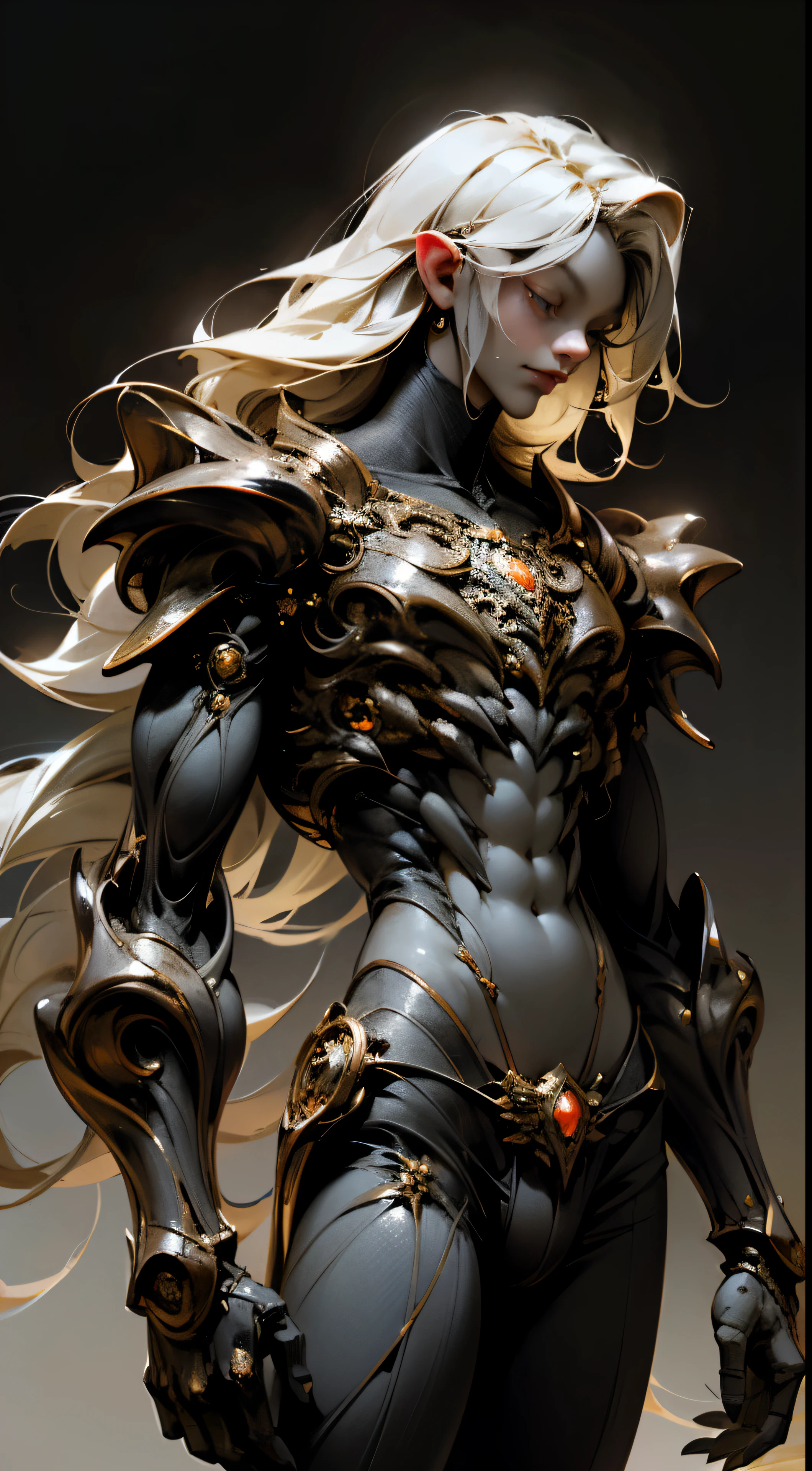 Insanely detailed photograph of a magnificent vampire alien man in the Renaissance era, exhibiting long white hair that cascades down to his waist and intricate white eyes that twinkle with an ethereal glow. His fantastical appearance is further accentuated by the hyperdetailed, 32k resolution image capturing every minute detail, from the dynamic lighting that illuminates his delicate features to the covered navel adorned with precious gems. The vampire alien man is a mechanical marvel, his hyper detailed, intricately designed body trending on Artstation. He dons a volumetric-lit white luxury suit, embodying the pinnacle of BalenciagaStyle.