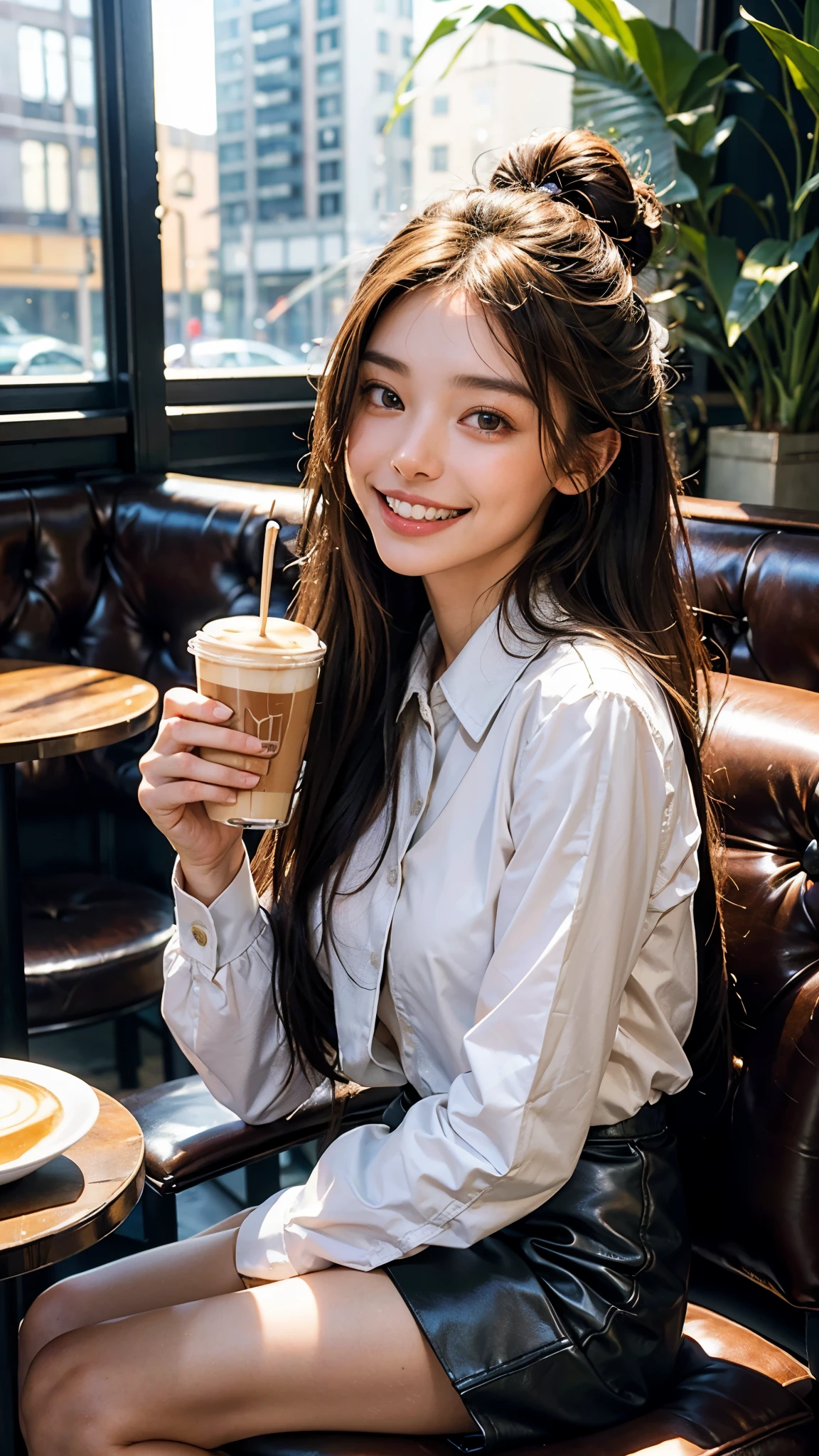 highest quality, masterpiece, ultra high resolution, (realistic:1.4), (portrait facing each other) RAW photo, 1 girl, 22 years ago,slender body,Medium chest,((winter uniform)),((long hair bun hair)),((Drinking latte and chatting at a cafe)),((There's a viewer next to you)),((black leather aturation, contrast,((toothy smile)),