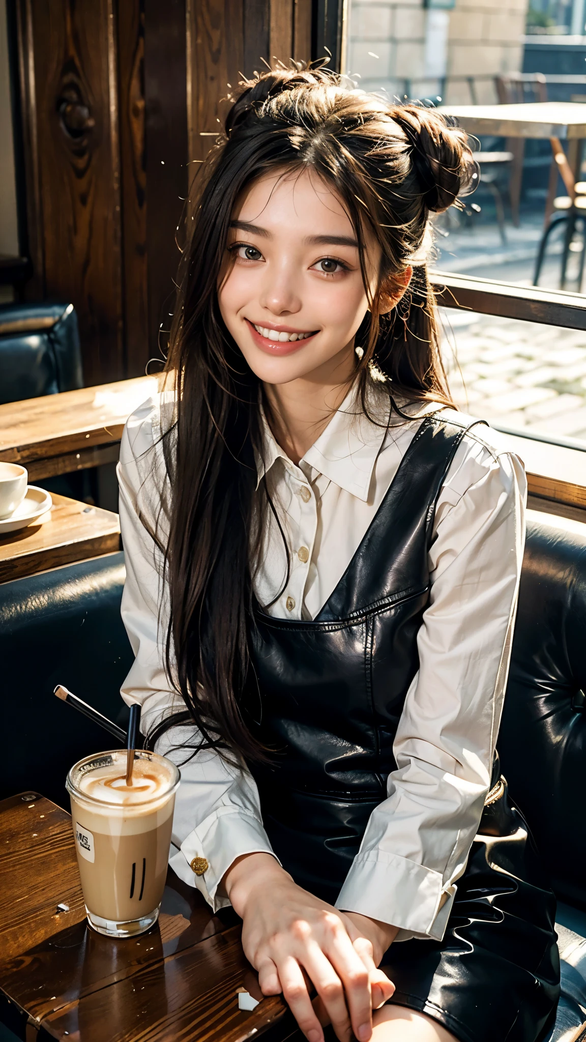 highest quality, masterpiece, ultra high resolution, (realistic:1.4), (portrait facing each other) RAW photo, 1 girl, 22 years ago,slender body,Medium chest,((winter uniform)),((long hair bun hair)),((Drinking latte and chatting at a cafe)),((There's a viewer next to you)),((black leather aturation, contrast,((toothy smile)),
