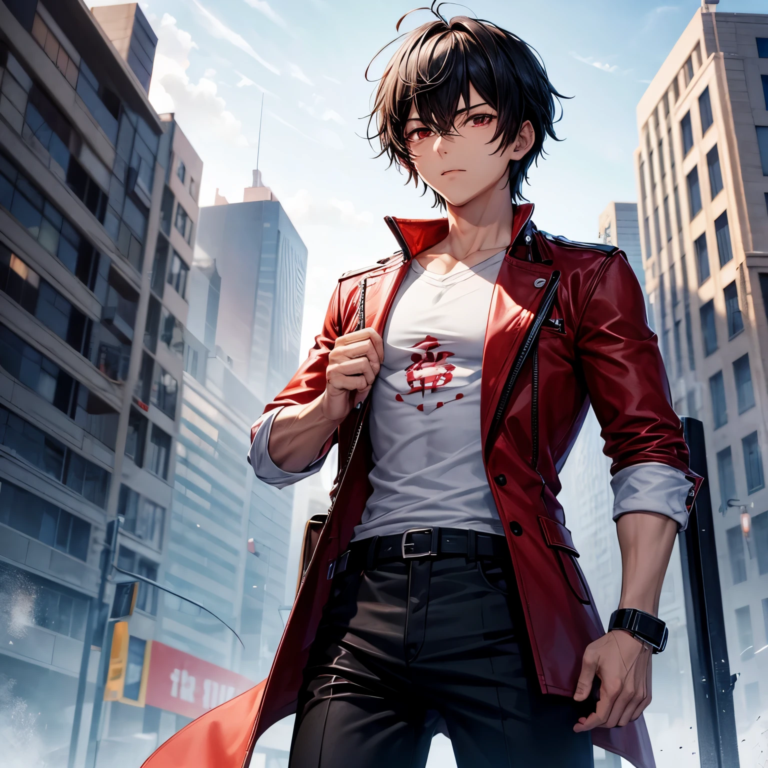 Personagem de anime masculino, black hair red eyes with a white shirt and black pants