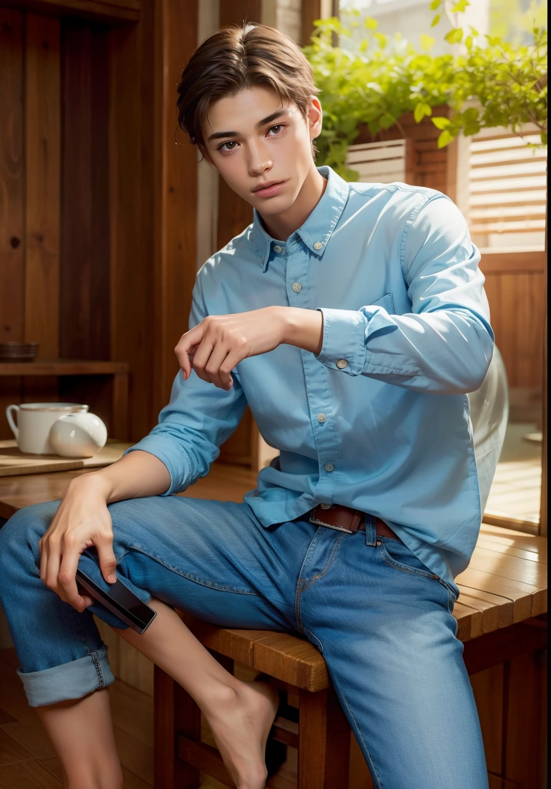 handsome, , half-caste, Best picture quality, Higher quality, Highly detailed, Ultra high resolution, 8K resolution, delicate facial features, boy, muscle, glowing eyes, short hair, hair details, legs apart [[Turn away, look to the side , topless, ((((Convex crotch))))), real man, real human, jeans, sit down, thin