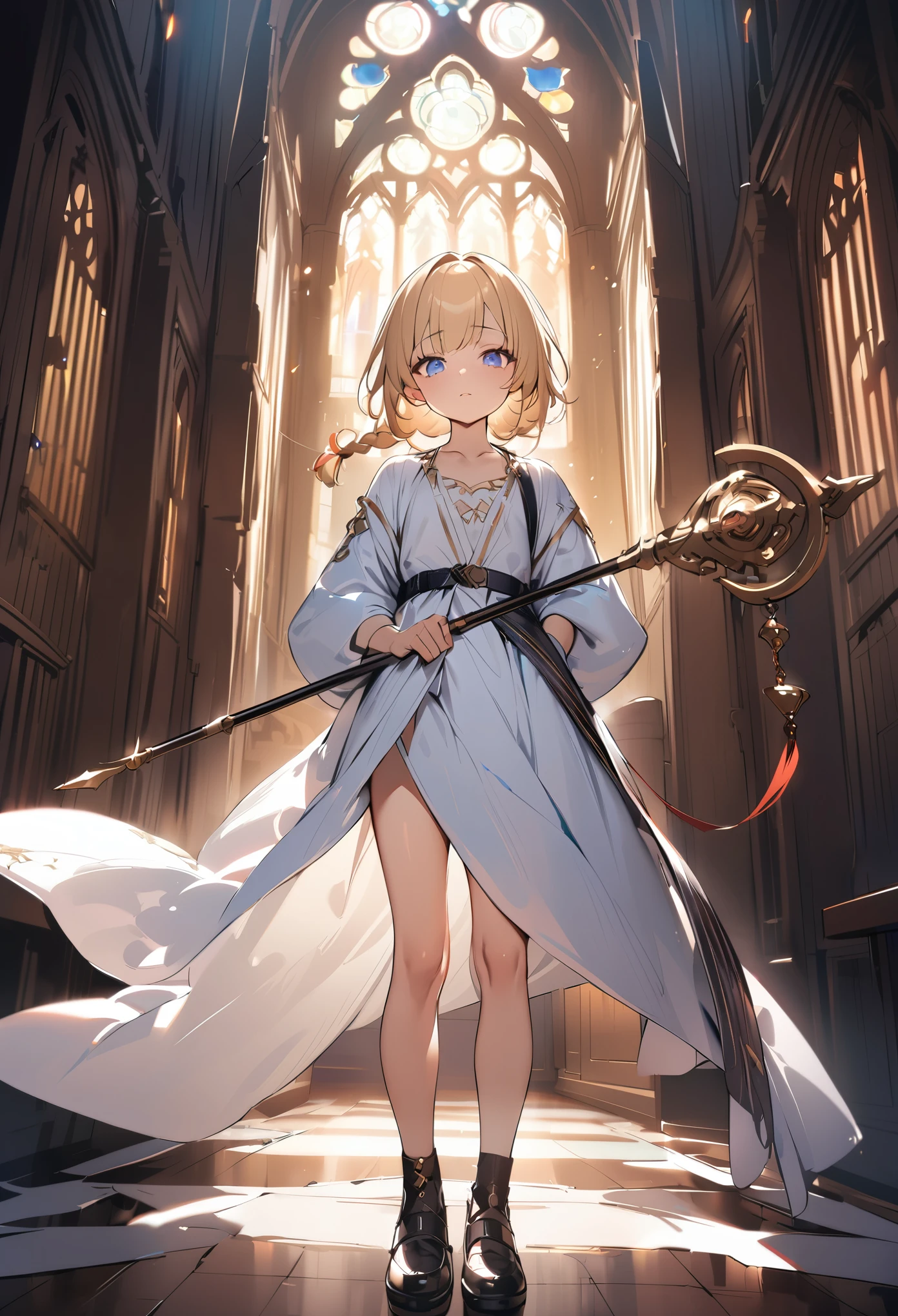 1boy, trap, blonde hair, long single back-length braid, blue eyes, flat chest, somewhat short person, white robes, bare legs, extremely girly boy, clutching golden staff, church background, textured skin, UHD, UHD, UHD, UHD, award winning, high details, incredible high-key lighting and shadows, masterpiece, incredible illustration