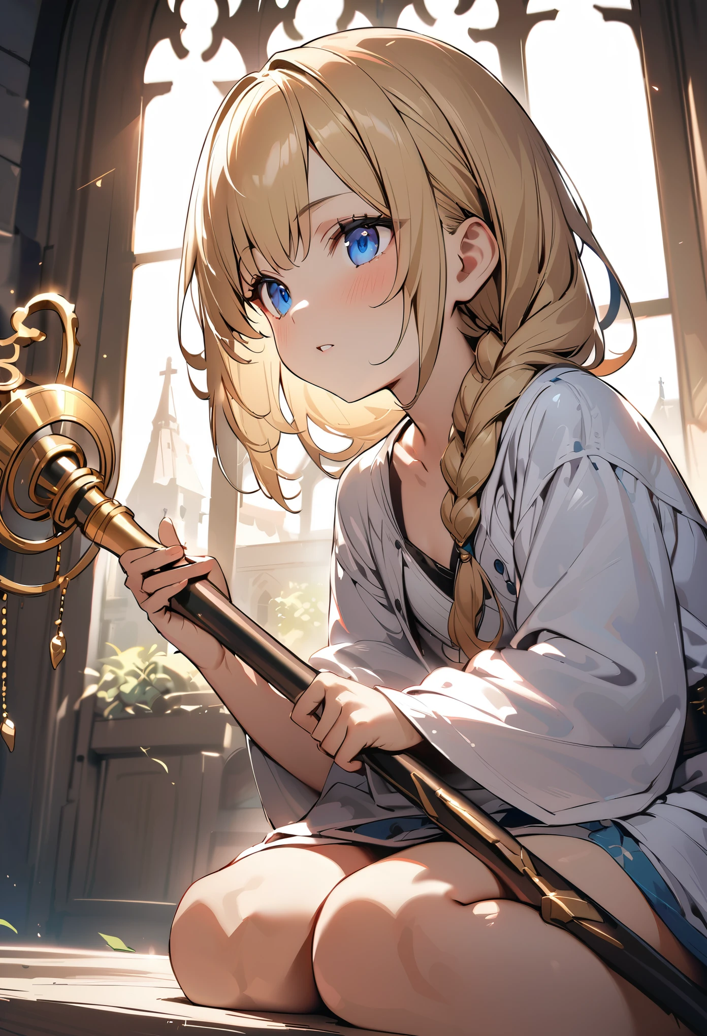 1boy, trap, blonde hair, long single back-length braid, blue eyes, flat chest, somewhat short person, white robes, bare legs, extremely girly boy, clutching golden staff, church background, textured skin, UHD, UHD, UHD, UHD, award winning, high details, incredible high-key lighting and shadows, masterpiece, incredible illustration