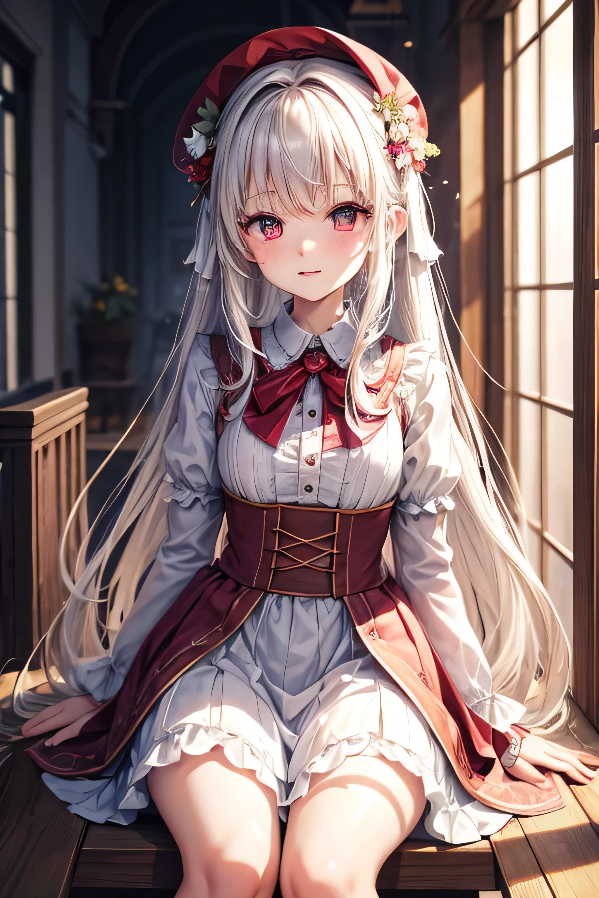 beautiful photos, best quality, 귀여운 small 소녀, (conversion order), Transformation Magical Girl, small, white magical girl, fractal art, albino, , long pure white and red mesh hair, Beautiful and detailed red eyes, cinematic lighting, cowboy shot, looking at viewer, from the floor, happy