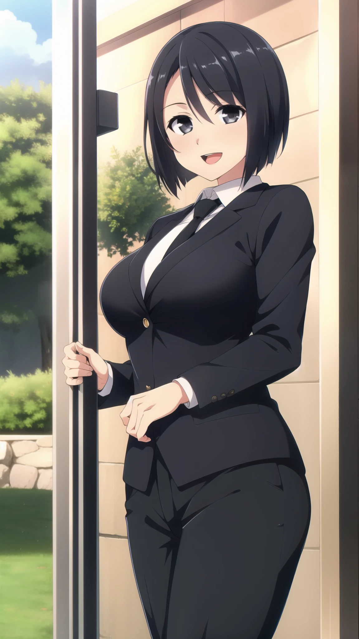 SLIM, 1girl, standing, black hair, short hair, bangs, MAKIMA, white shirt, necktie, stare, :d, , black eyes, black necktie, long sleeves, cowboy shot, large breasts, outdoors, black pant, (MAaster piece: 1.0), (best_quality: 1.0), ultra high resolution, 4K, ultra detailed, photography, 8K, HDR,
