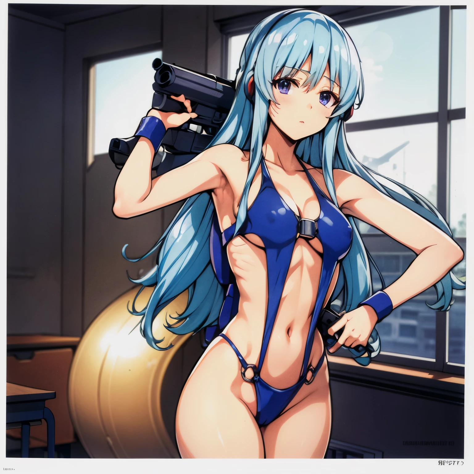 solo, 1girl, hair ornaments, long hair, light blue hair, hair ribbon, purple eyes, Shiina Hiyori, Classroom of the Elite, medium breast, Imperial Guard Combat Uniform Swimsuit, o-ring bikini, v gundam, swimsuit, absurdres, highres, solo, cowboy shot, 1girl, neneka nibrou \(cosplay\), wristband, headphone, holster, backpack, holding gun, aiming, perfect hands, wind, arm up, show armpit, armpit