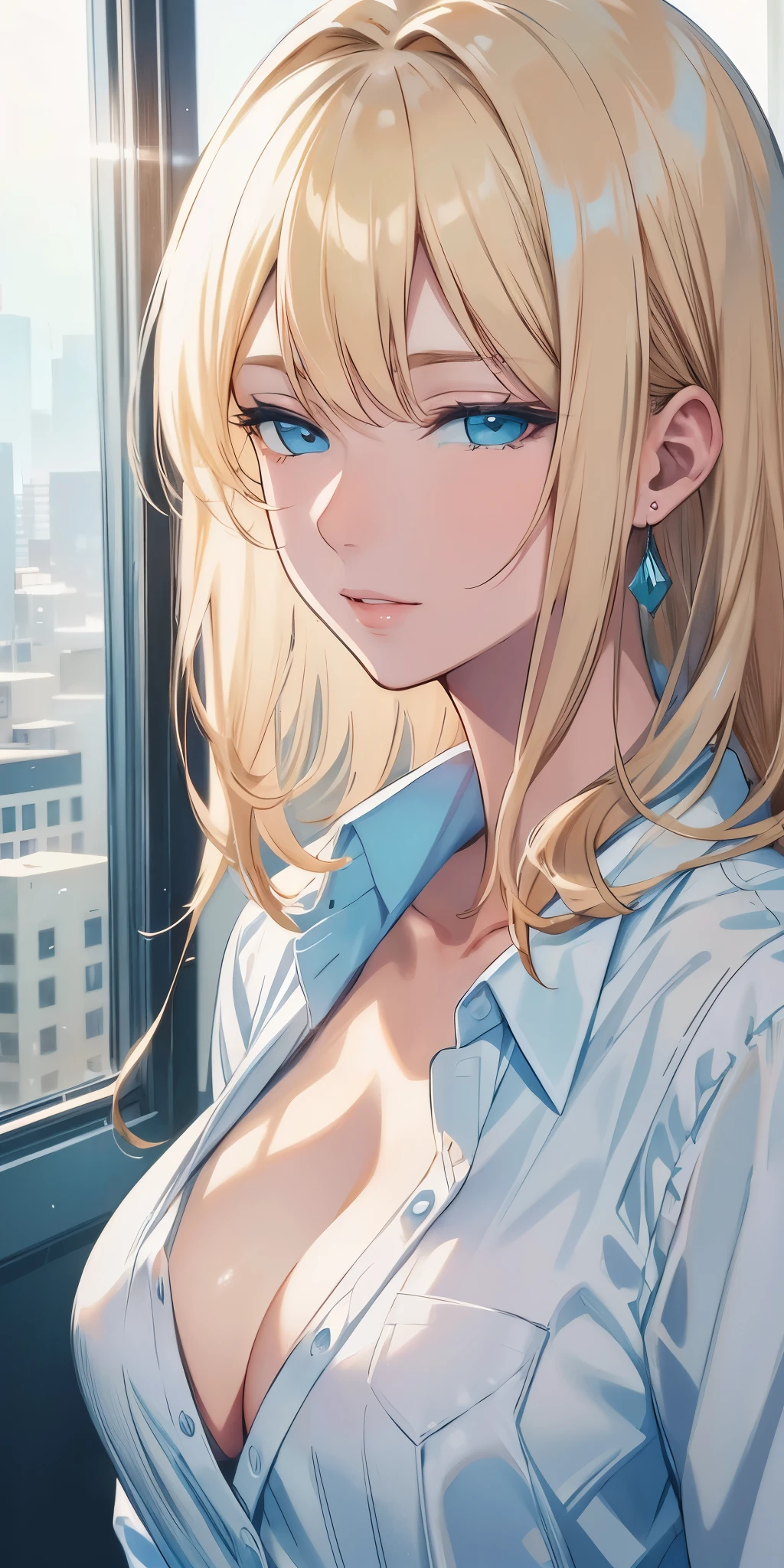 Best quality, 4k resolution, portrait, elegant boss lady, long straight hair, swept-side bang, [[brown hair]], blonde hair, light blue eyes, office shirt, cleavage, office window, soft light