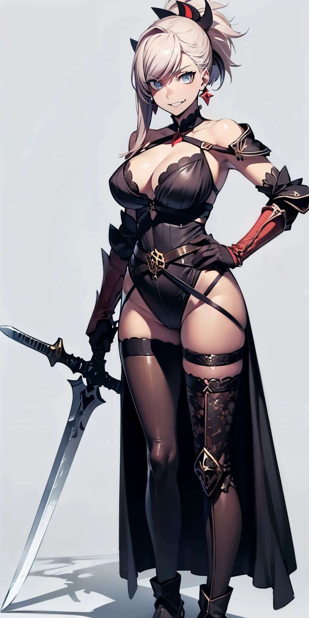 mmfate3, pink hair, bare shoulders, magatama, long hair, ponytail, hair ornament, asymmetrical hair, jewelry, earrings, 1girl, weapon, sword, solo, breasts, grey_background, full_body, hand_on_hip, holding_weapon, looking_at_viewer, standing, holding, large_breasts, holding_sword, boots, nsfw, nsfw art, armor leotard, hips, "Photorealistic, Hyperrealistic, Hyperdetailed, analog style, soft lighting, subsurface scattering, realistic, heavy shadow, masterpiece, best quality, ultra realistic, 8k, golden ratio, Intricate, High Detail, film photography, soft focus", (shaded face:1.2), hollow eyes, blue eyes, looking at viewer, smirk, upper teeth, glowing eyes,