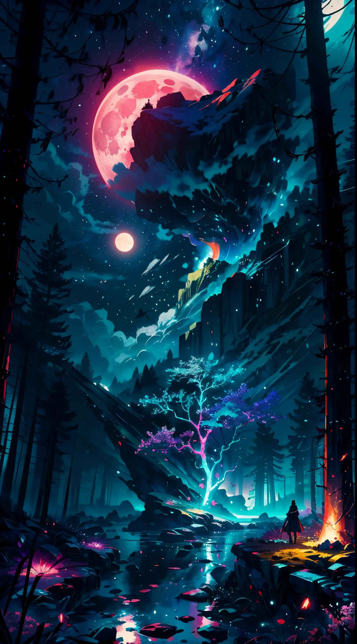 wide々landscape photography, (seen from below, the sky is above, and the open field is below), Anime girl sitting in a field of colorful flowers and looking up, (full moon: 1.2), (meteor: 0.9), (nebula: 1.3), distant mountain々 , shooting star, tree BREAK craft art, (warm light: 1.2), (fire Fly: 1.2), light, lots of purple and orange, intricate details, colorful palette,Volume lighting BREAK (masterpiece: 1.2), (highest quality), 4k, super detailed, (dynamic composition: 1.4), Rich details and colors, (Rainbow-colored: 1.2), (shine, atmosphere lighting), dream-like, Magic, (alone: 1.2),