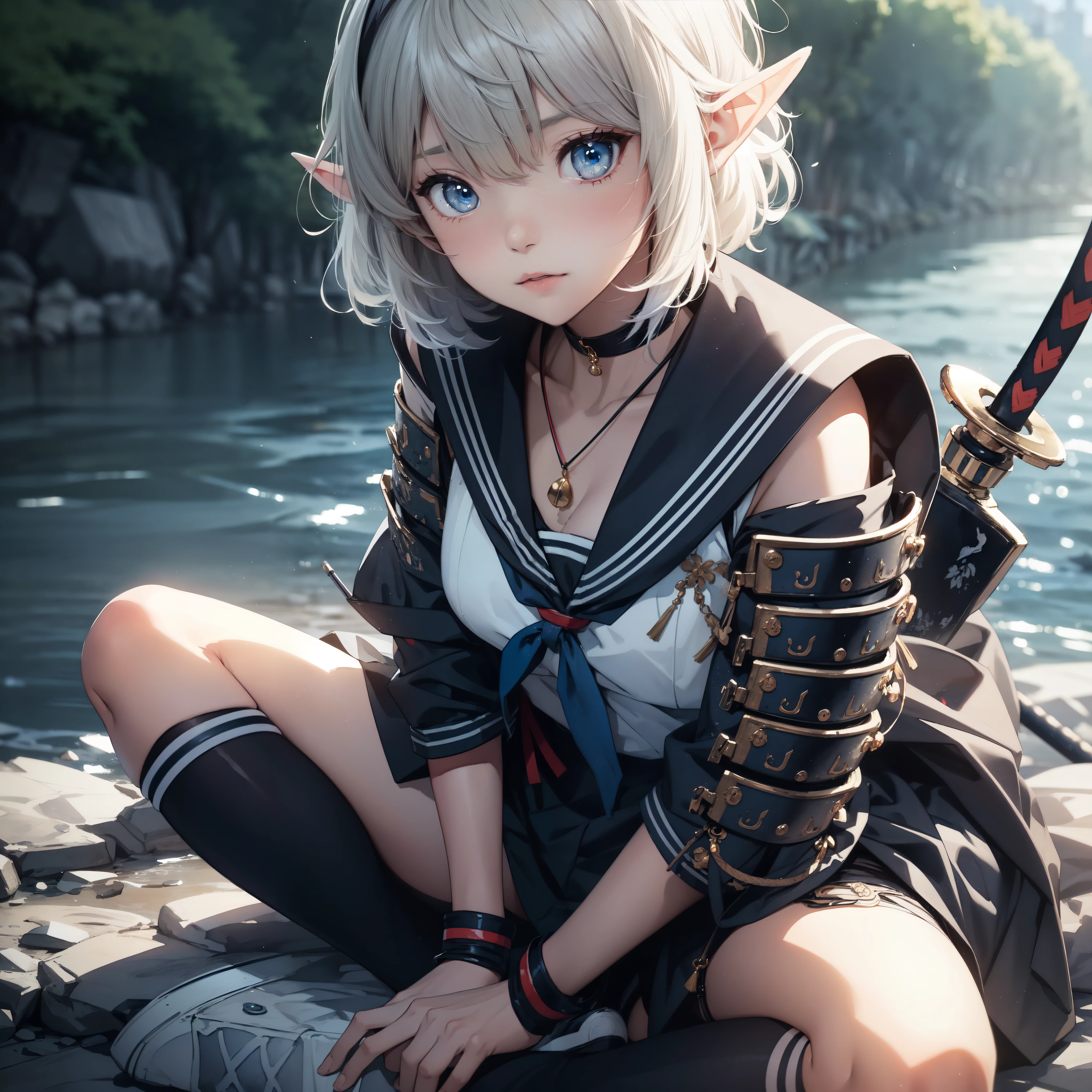 portrait of high school elf girl, asymmetrical bangs, short hair, white hair, blue eyes, sailor dress with (samurai armor:1.4), (garter belt:1.3), (Sneakeranga style by Yoji Shinkawa, Artgerm, Mikimoto Haruhiko. seated on the riverbank, in the style of Katsushika Hokusai. full body, dynamic pose, cell shading, 8k, cinematic dramatic atmosphere, watercolor painting, fluid and sharp focus, Fantasy, Cinematic Lighting.