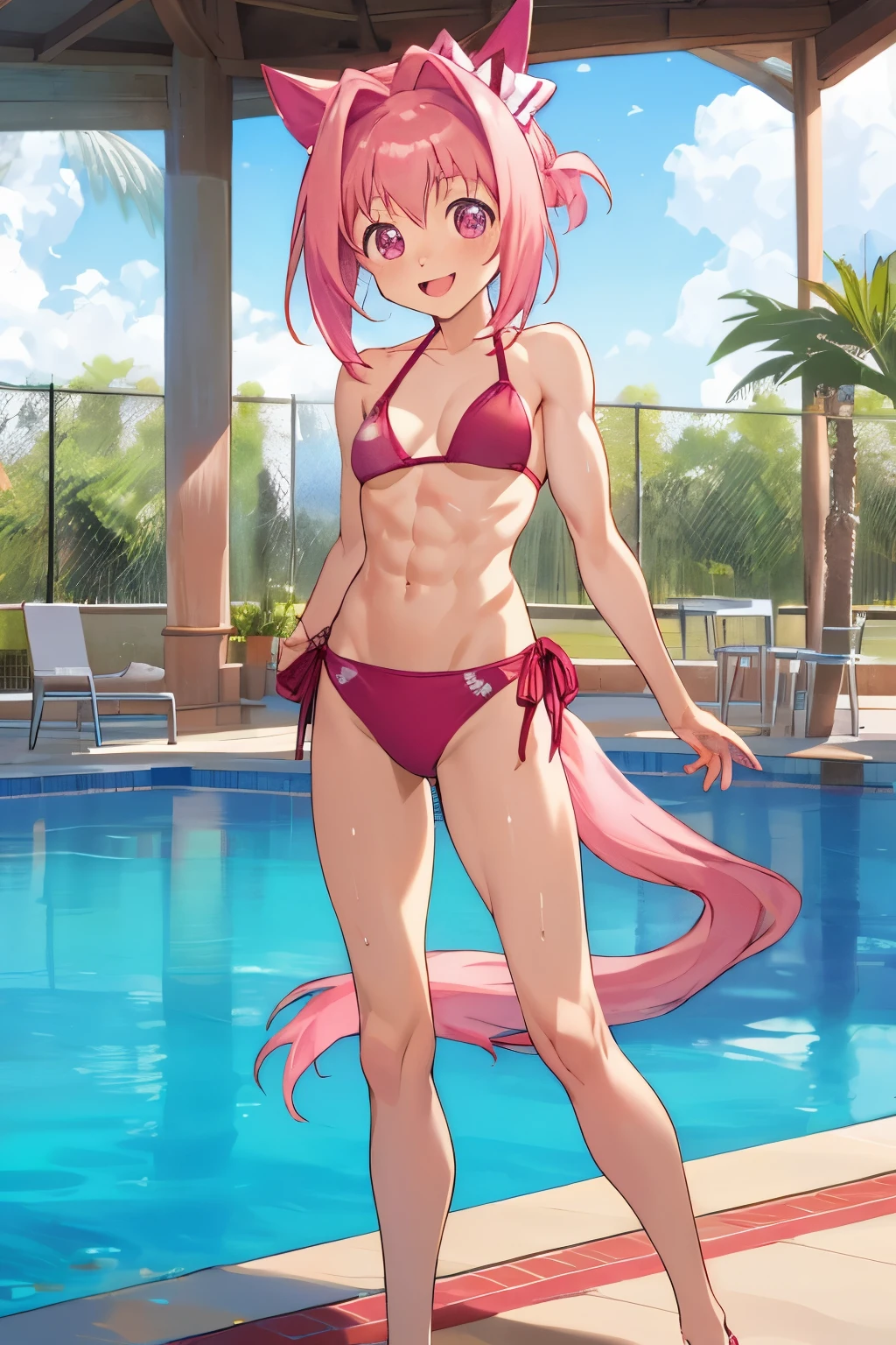 haru urara \(umamusume\), masterpiece, highest quality, super detailed face, muscular, abs, whole body,Plain Bikini, horse tail,  fine and clear eyes, frontage, pool, smile, open your mouth