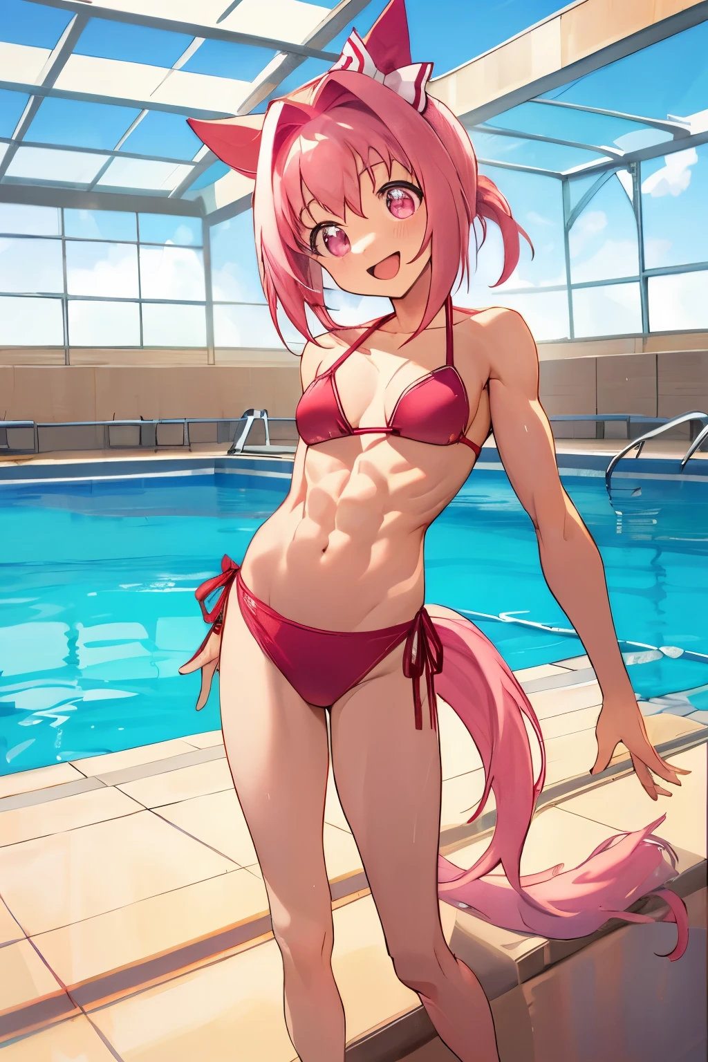 haru urara \(umamusume\), masterpiece, highest quality, super detailed face, muscular, abs, whole body,Plain Bikini, horse tail,  fine and clear eyes, frontage, pool, smile, open your mouth