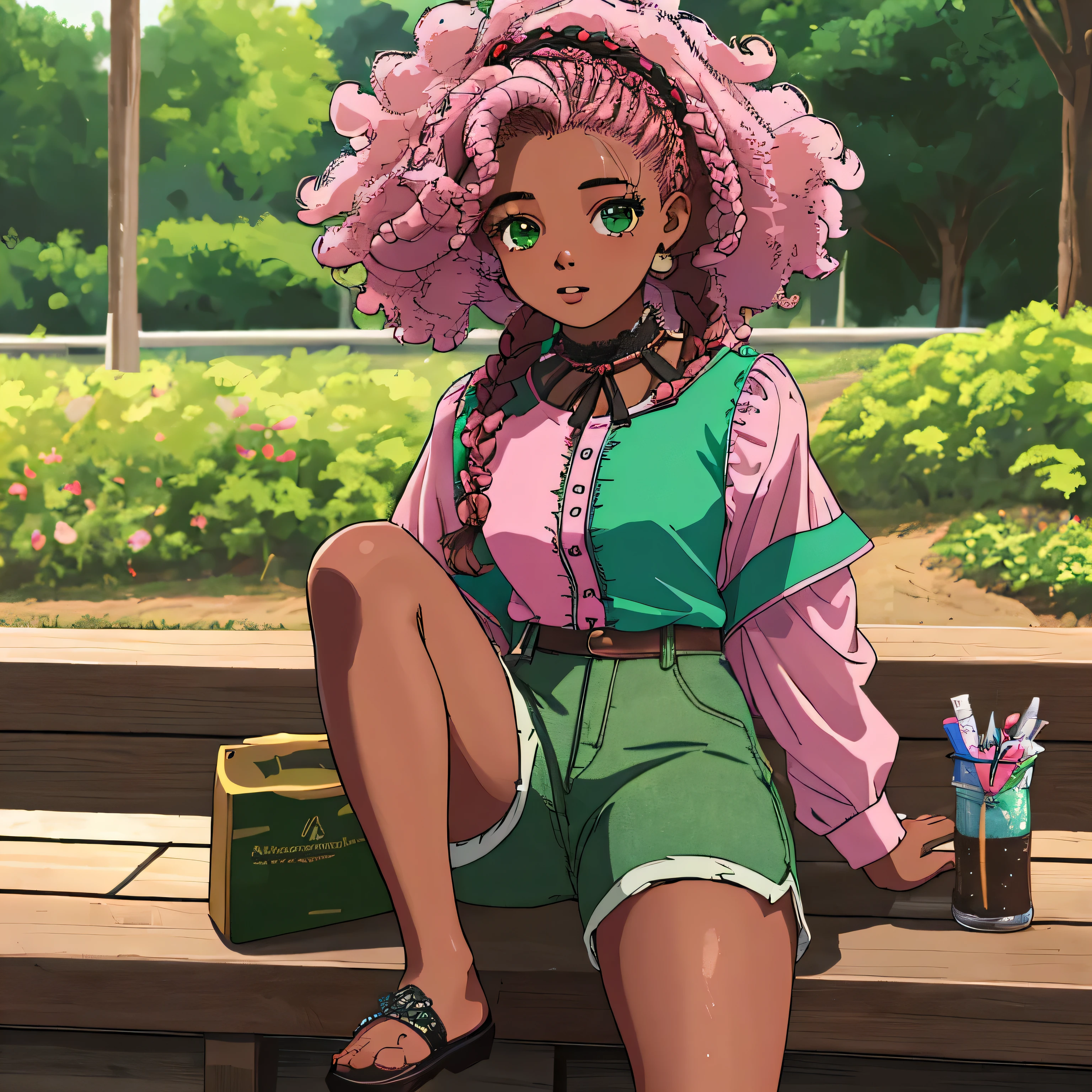 (melhor qualidade,Altas,Parte Mestre:1.2),ultra-detalhado,Realista:1.37,uma linda adolescente de 18 anos com corpo inteiro, vestindo um estilo rosa, blusa e shorts, pele negra, Afro braids, olho direito verde detalhado, olho esquerdo preto detalhado, ombros a amostra