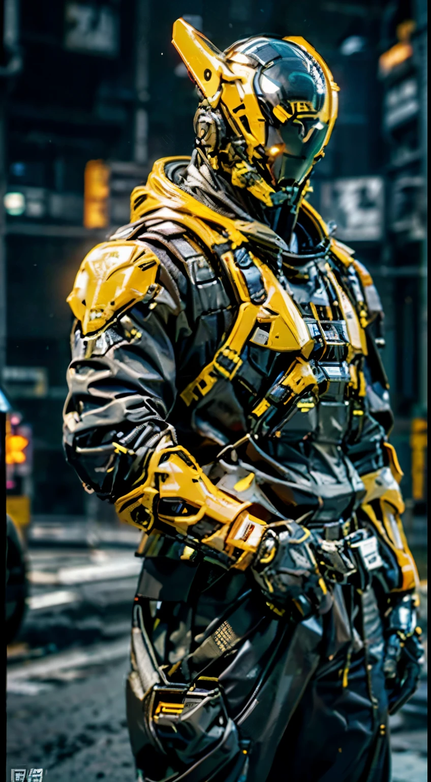 Original, masterpiece, top quality, cyborg man in a yellow circle illuminates cyber helmet with black colored ears, black jacket, sunny day, on the street