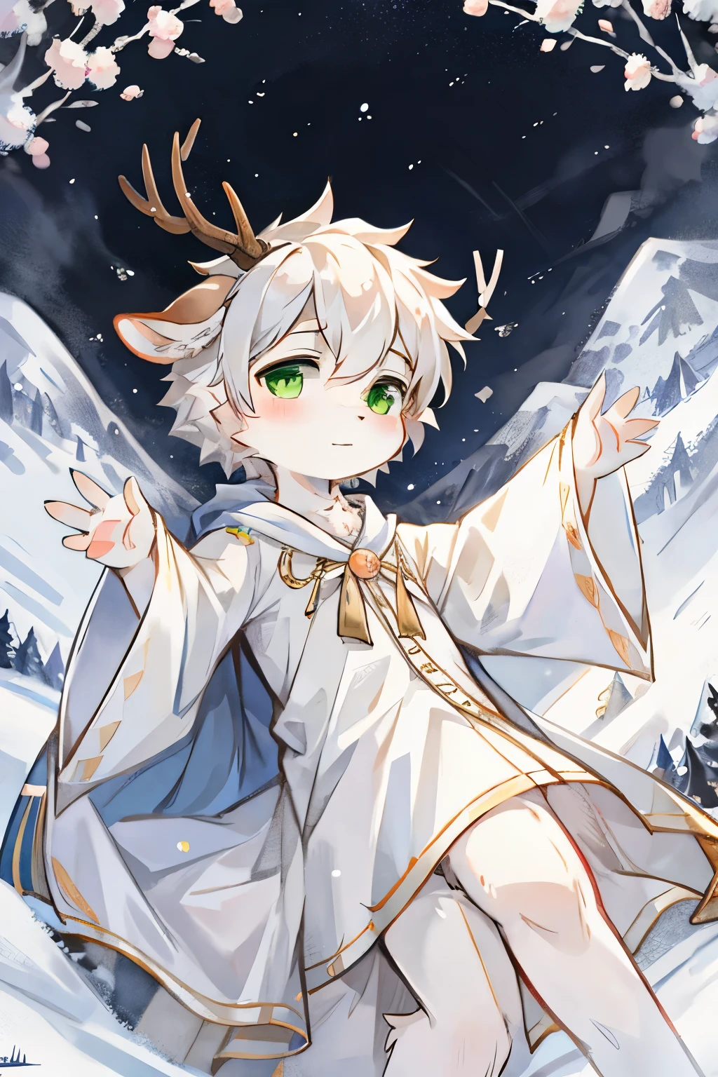 a white deer，A deer antler，Green pupils，Lovely shota，starry sky，mountains，，Snow，blizzard，Falling peach blossoms，white robe，flowing robe，