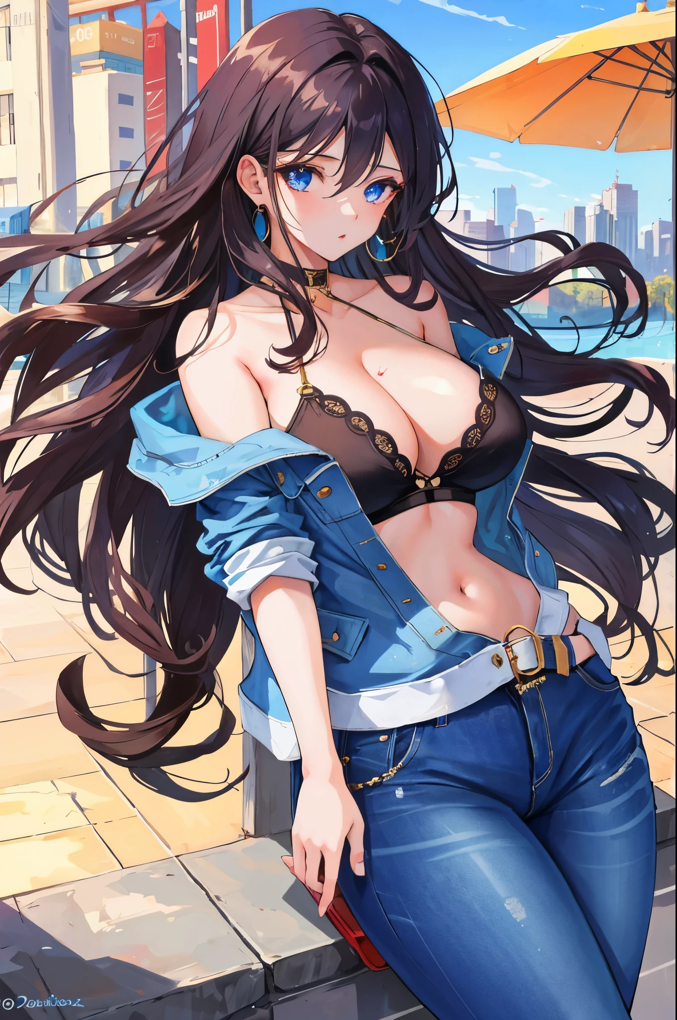 1girl, 18 years old girl, long curly dark hair, Deep cleavage, Blue eyes, busty girl, hourglass figure, fit body, big breasts, sexy clothes, jeans shorts, tube top, firm butt, city background 